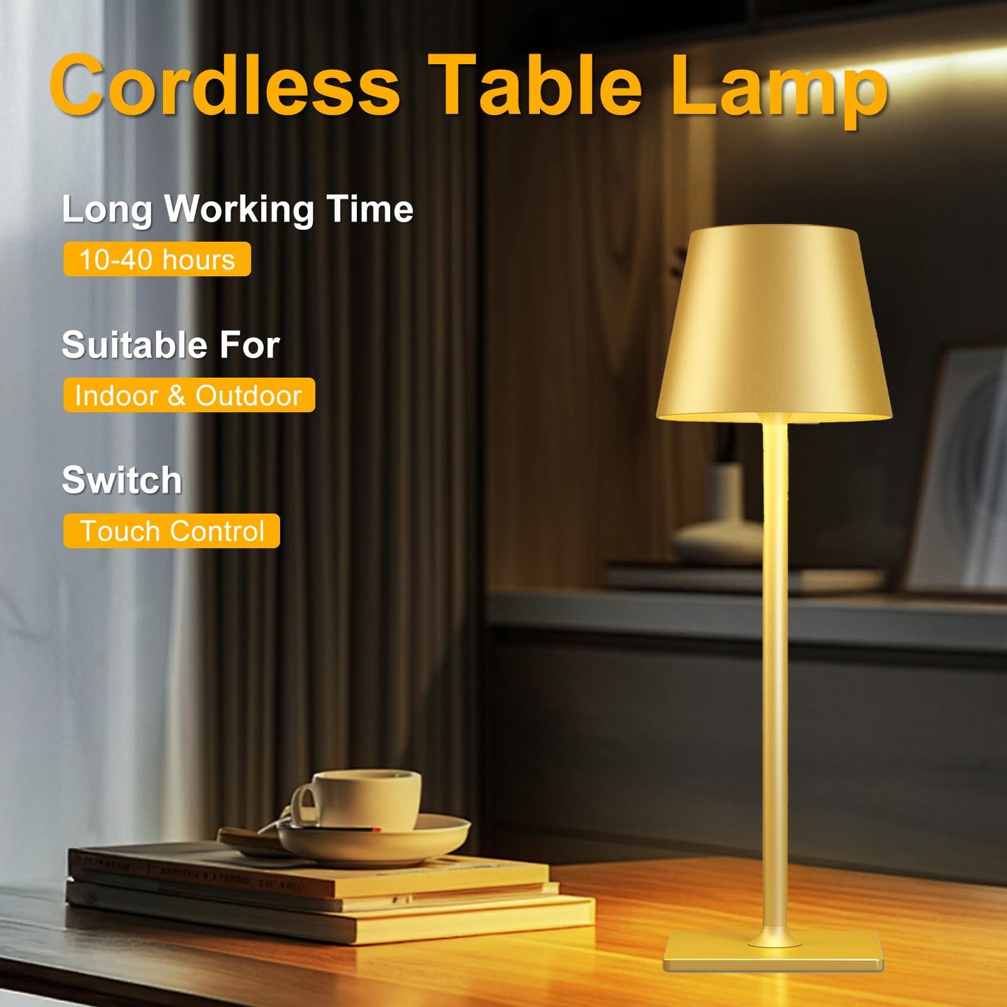 Yogaret 2-Pack Gold Rechargeable Table Lamps, Cordless Wireless Lamps with 6000mAh Battery, Portable Waterproof for Home, Dining, Restaurant & Patio