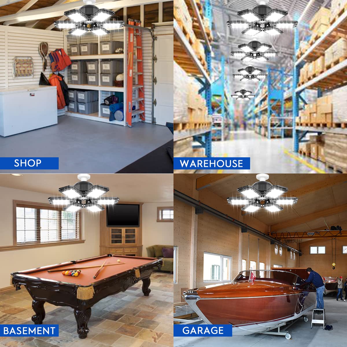 2 Pack 180W LED Garage Lights, 18000LM, 6 Adjustable Panels, Deformable Ceiling Shop Light Fixture, E26/E27 Ultra Bright for Workshop