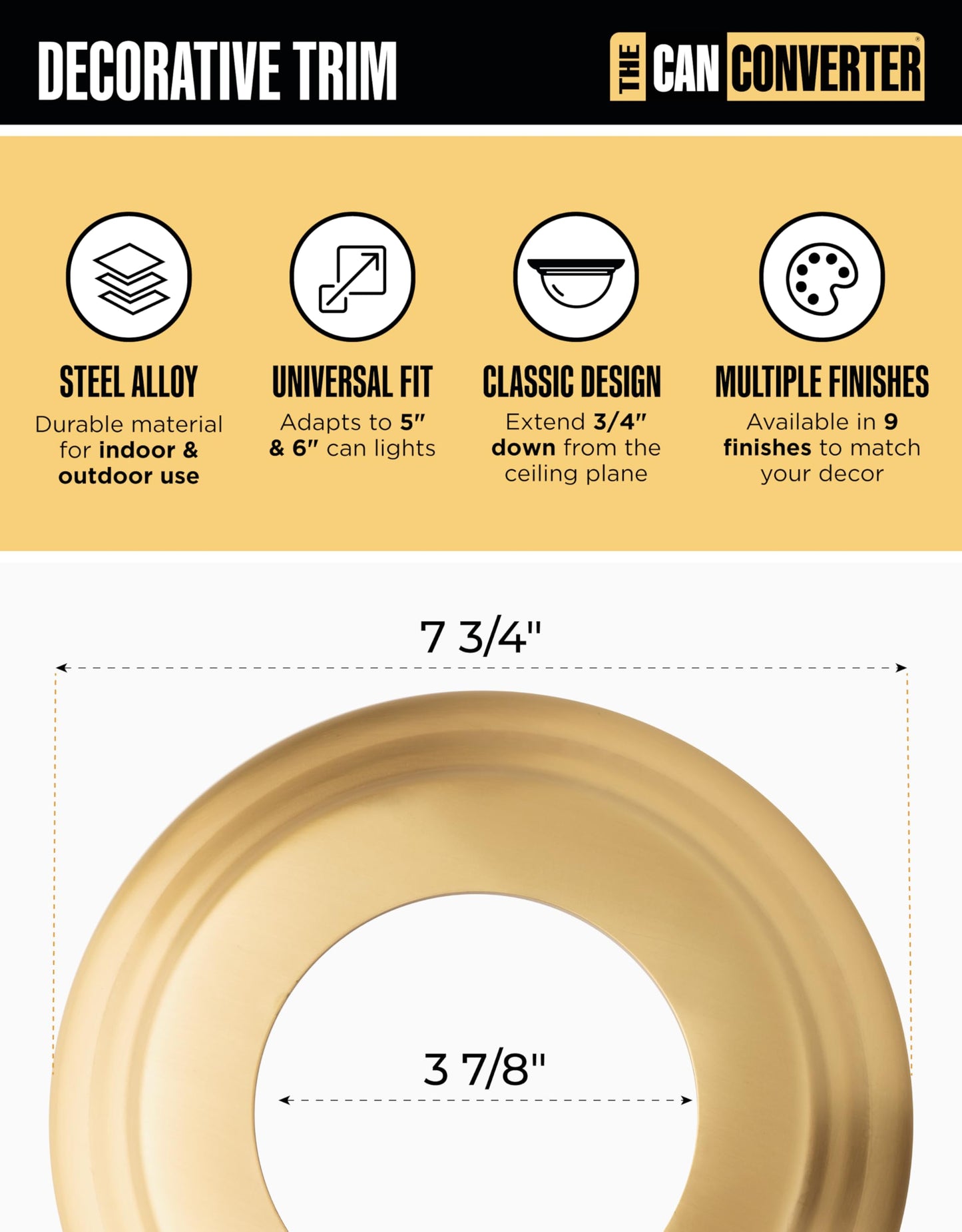 Can Converter Ceiling Medallion for 5"-6" Recessed Lights – Decorative Steel Beveled Goof Ring & Cover Plate, Brushed Brass