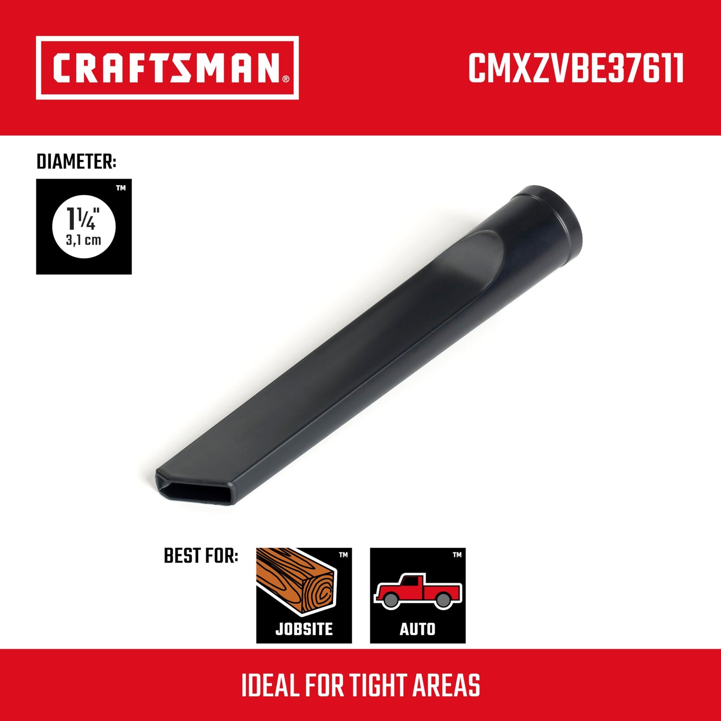 CRAFTSMAN CMXZVBE38611 1-1/4 in Crevice Tool Wet/Dry Vac Attachment, Industrial Shop Vacuum Accessory for Tight Spaces