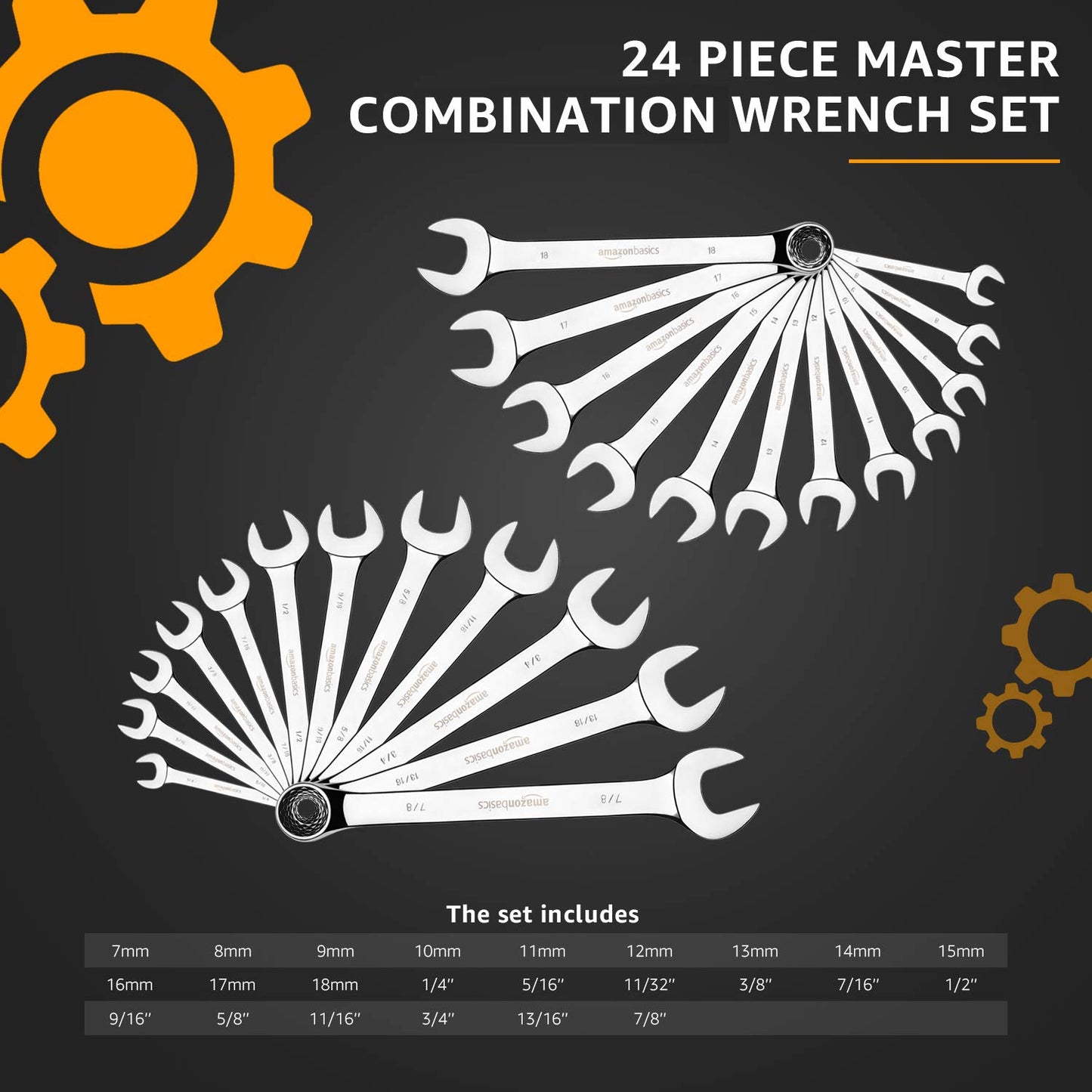 Amazon Basics Combination Metric and SAE Wrench Sets, Set of 24