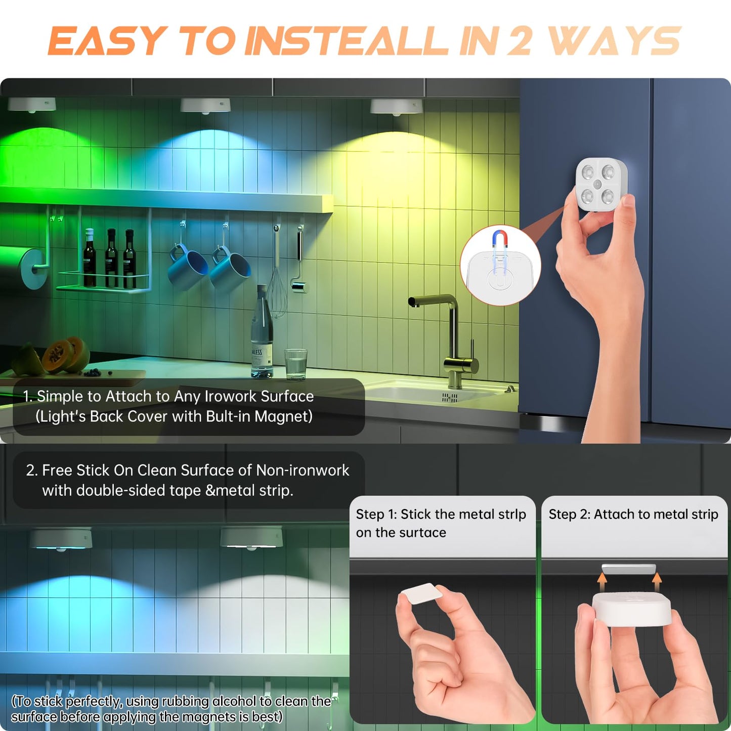 Wireless Rechargeable RGB Puck Lights with Charging Station, Motion Sensor LED Under Cabinet & Stair Lights, Remote Control (3 Pack)