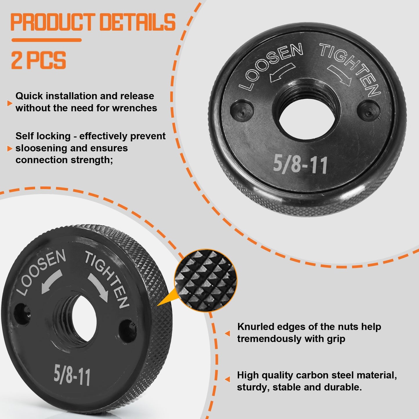 5/8-11 Nuts for Angle Grinder 4.5" and 5" No Wrench Required, 2PCS Self Locking Flange Nuts Metal Lock Grinder Knurled Arbor Nut