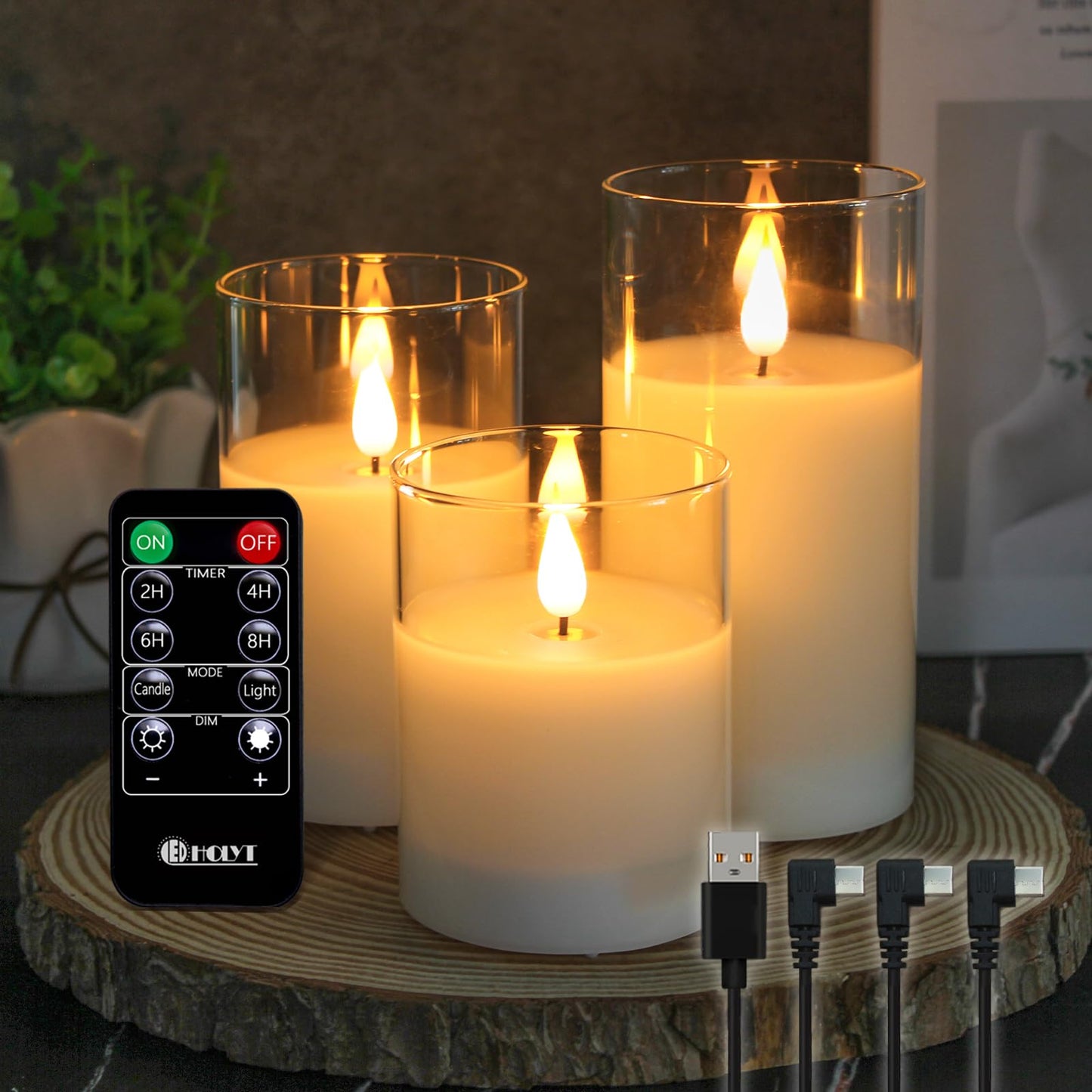 LEDHOLYT Set of 3 Rechargeable Flameless Glass Pillar Candles – Realistic Flicker, Remote & Timer, USB, Perfect for Home & Gifts