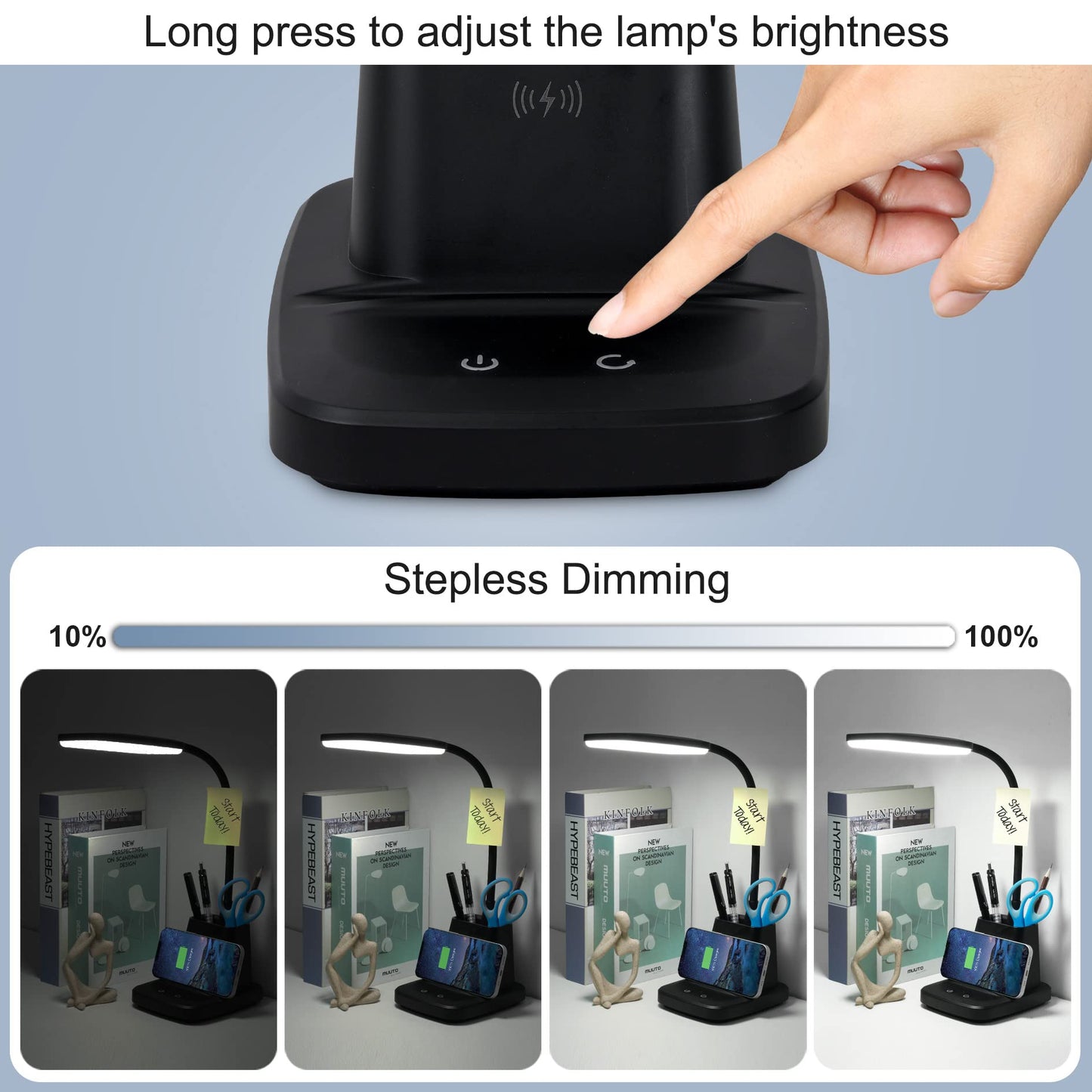 Sailstar LED Desk Lamp with Wireless Charger & Pen Holder, 3 Colors, Dimmable 800LM, CRI 85, Study Lamp for Home, Office, Dorm, Black