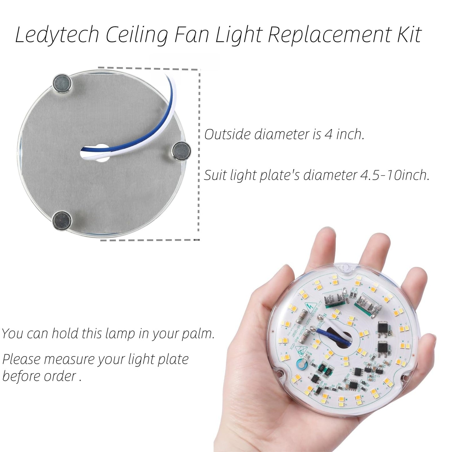 **Ledytech 4" LED Retrofit Light Kit for Ceiling Fan – 18W Dimmable Panel, 2200LM, CCT Adjustable 3000K/4500K/6000K, CRI 90, 120V**