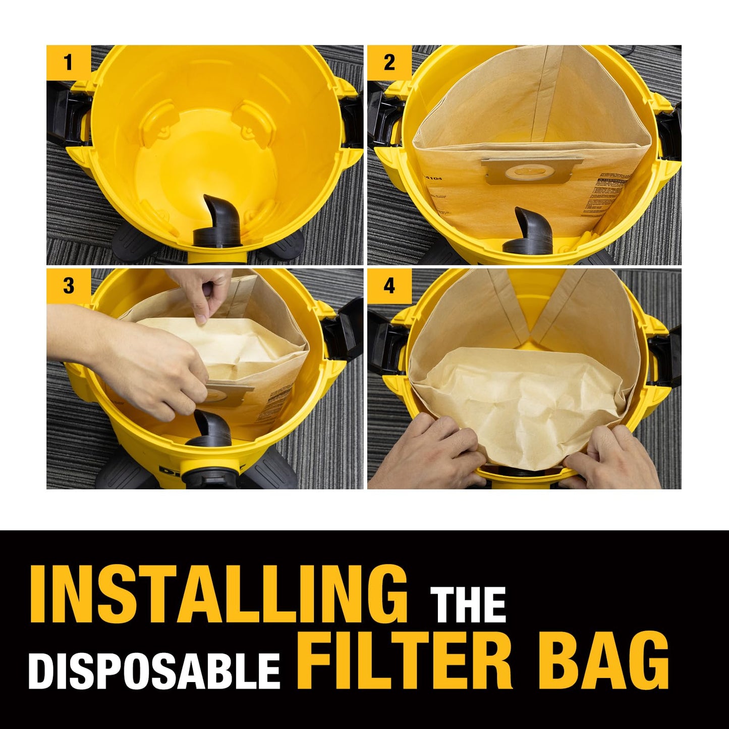 DEWALT DXVA19-4104 Dust Filter Bags 3-Pack, High-Efficiency Replacement for 5-8 Gallon Wet/Dry Vac, Vacuum Dust Collection Bags