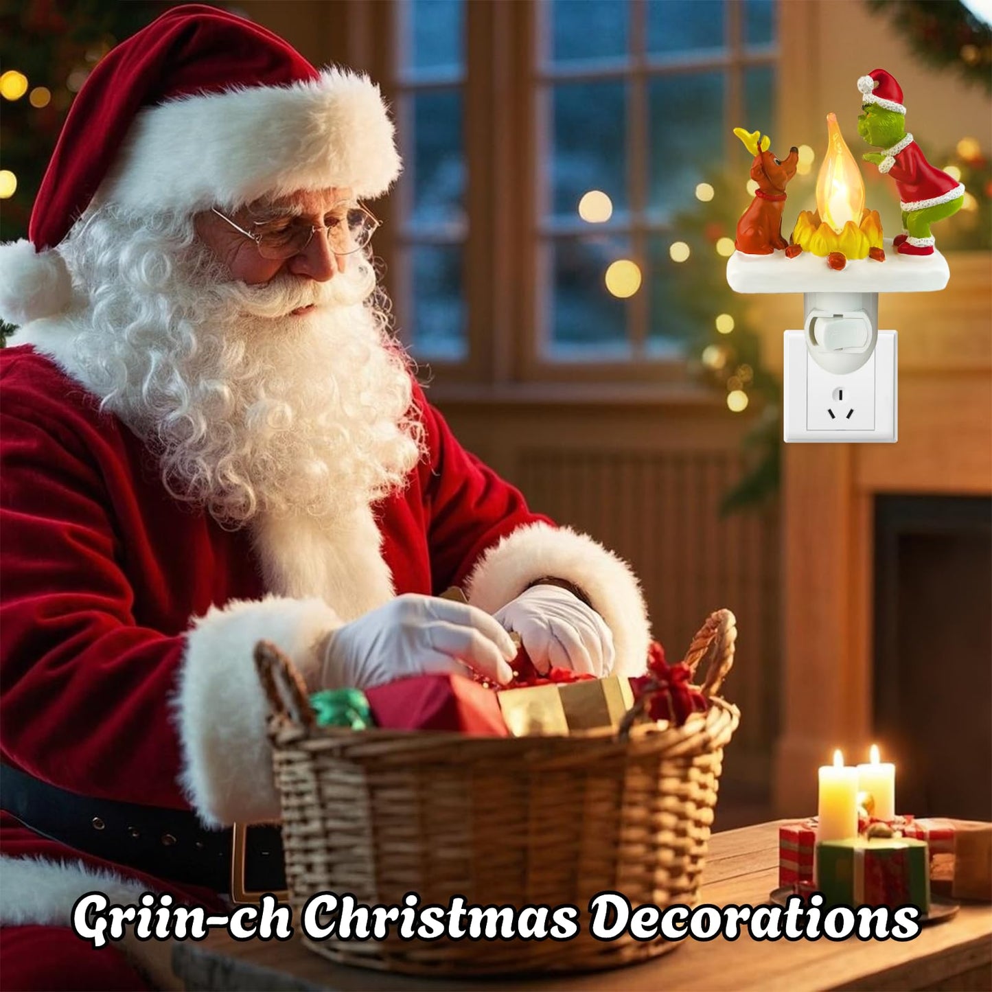 HFZCZW 2025 Christmas Night Light, Christmas Green Monster Campfire Nightlight, Eve Campfire Flickering Night Light Gifts for Family, Plug-in