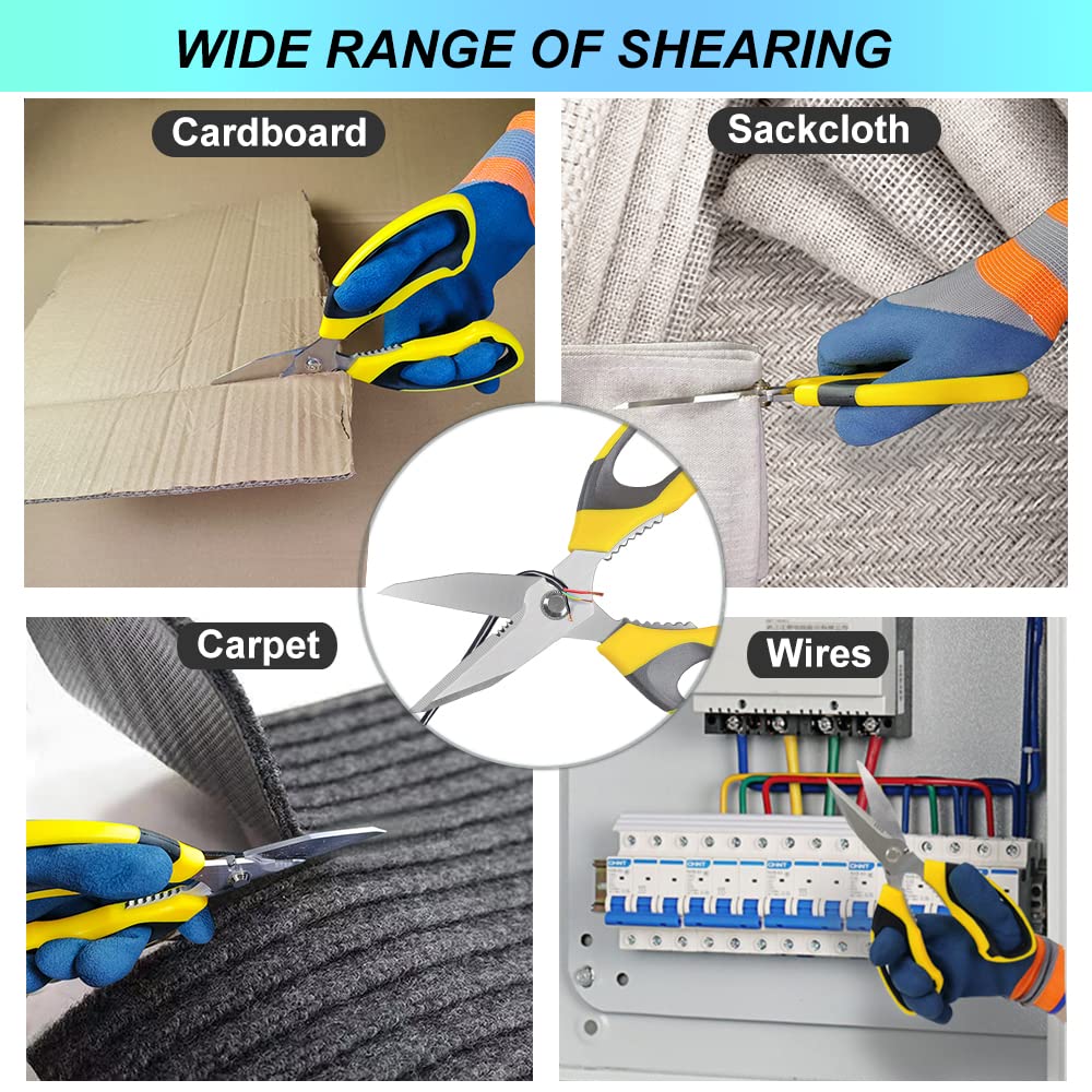 FTECYBO 8" Heavy Duty Multipurpose Scissors with Serrated Stainless Steel Blades, Protective Cover, Cuts Cardboard, Leather, Fabric & More