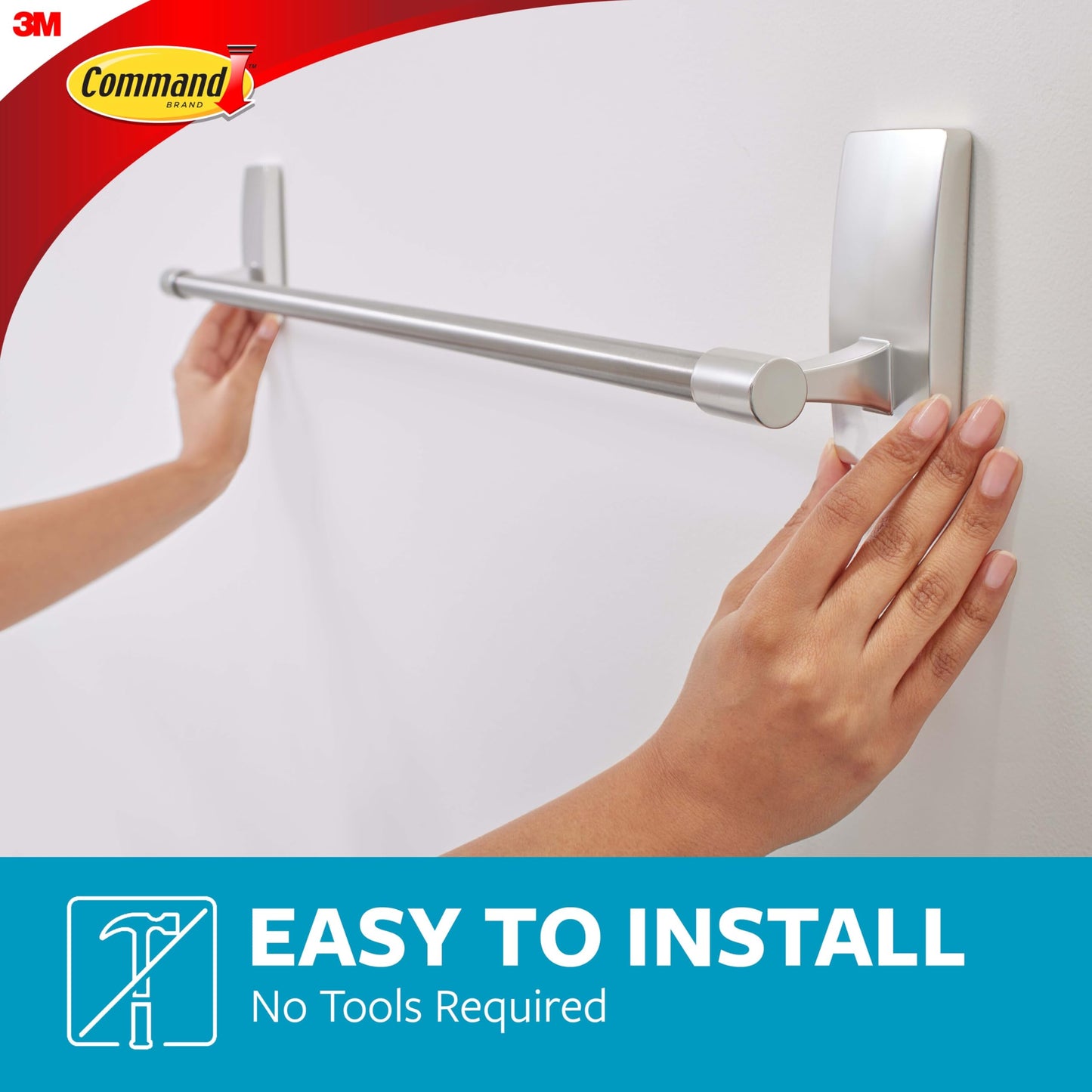 Command Bath Satin Nickel Towel Bar with Water Resistant Command Strips, Bathroom Organizer, 24 in Bar Length Holds up to 10 lbs