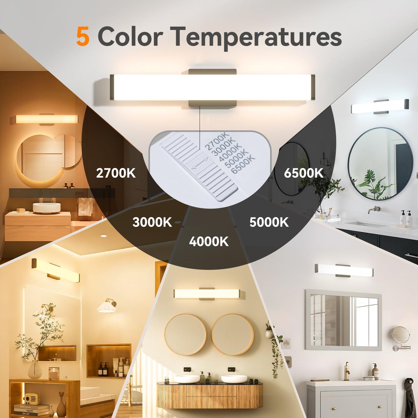 Amico 16" Dimmable LED Bathroom Vanity Light, 5CCT Modern Wall Lamp for Mirror, Kitchen, Hallway, Living Room, Black, ETL Certified