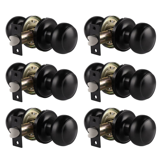 Probrico Black Door Knobs Interior, Passage Door Knobs for Hallway Closet, Matte Black Keyless Indoor Door Knob, 6 Pack