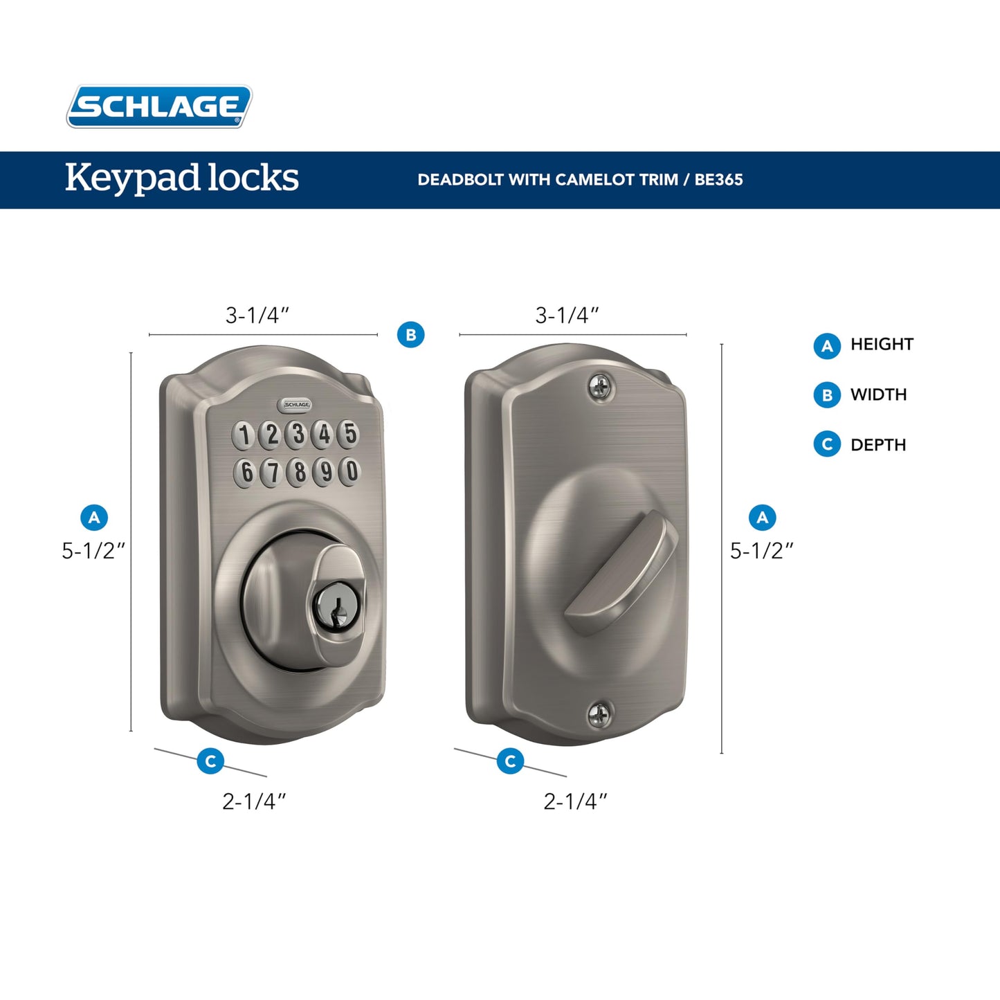 Schlage BE365 V CAM 619 Camelot Keypad Deadbolt, Electronic Keyless Entry Lock, Satin Nickel