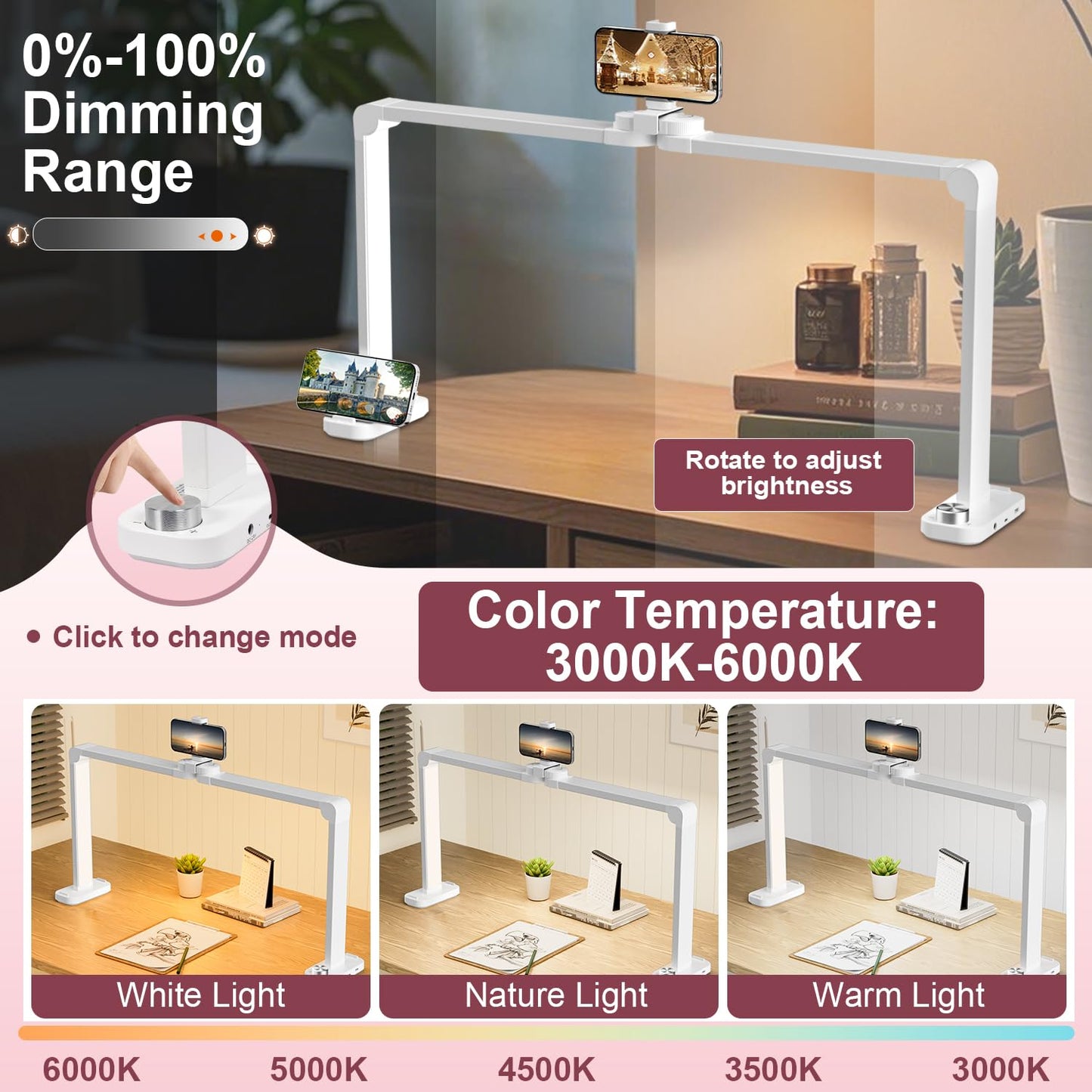 iVict 34" Nail Desk Lamp with Phone Stand, Adjustable Brightness 0-100%, 3000K-6000K LED Light for Nails, Tattoos & Beauty