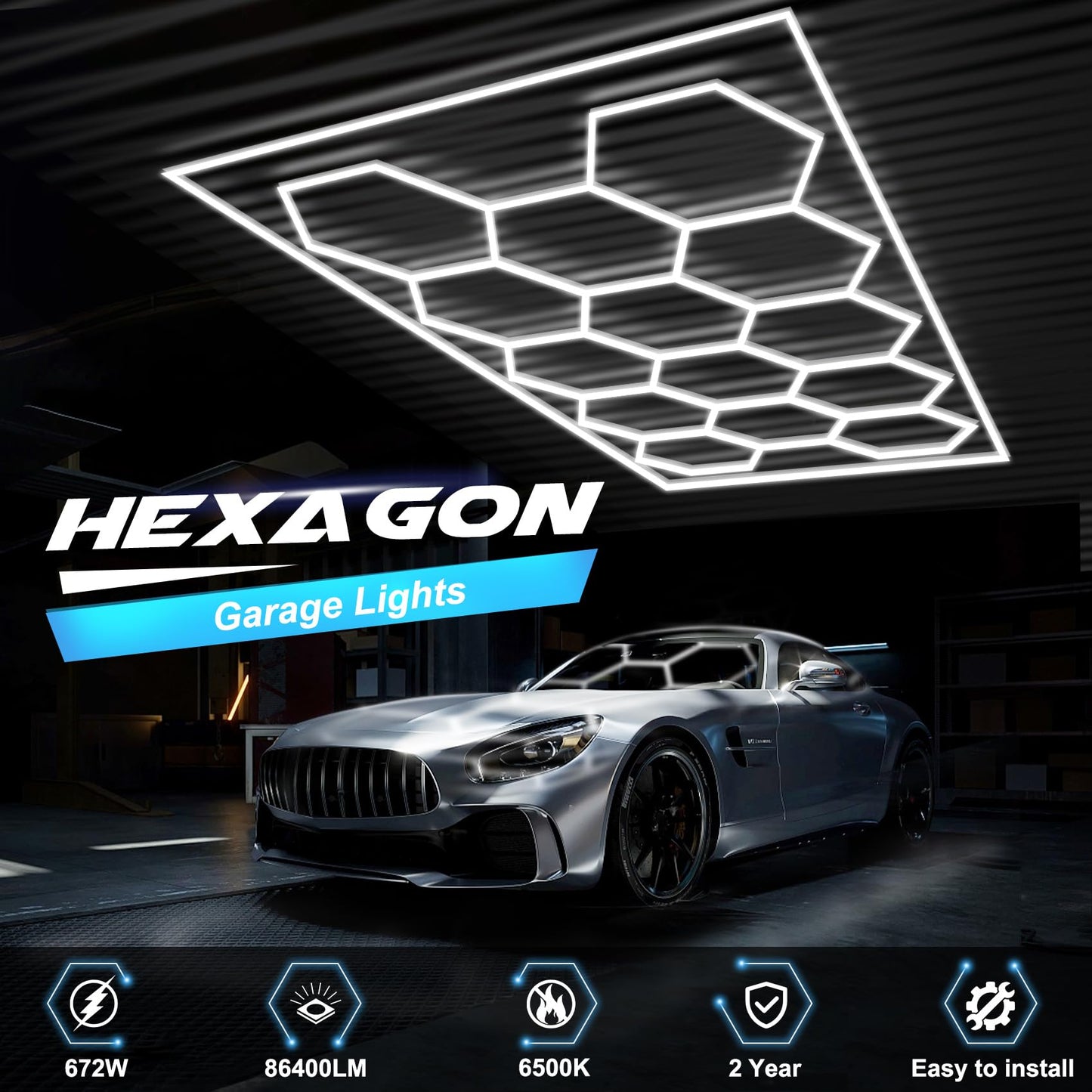 FERUERW 672W Hexagon Garage Light, 86400LM 6500K, 14 Hex Panels, Rectangle Frame, High Brightness, Clip Mount for Garage/Shop/Basement