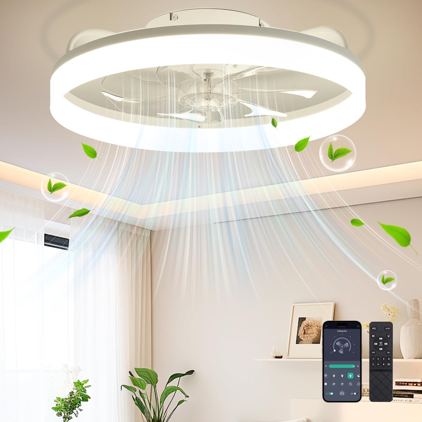 20" White Ceiling Fan with Light & Remote, Flush Mount Fandelier for Bedroom, 6 Speeds, Stepless Color Temperature, Modern Design