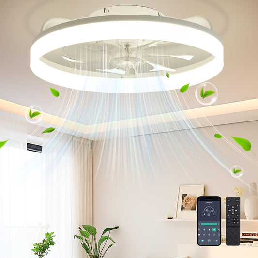 20" White Ceiling Fan with Light & Remote, Flush Mount Fandelier for Bedroom, 6 Speeds, Stepless Color Temperature, Modern Design