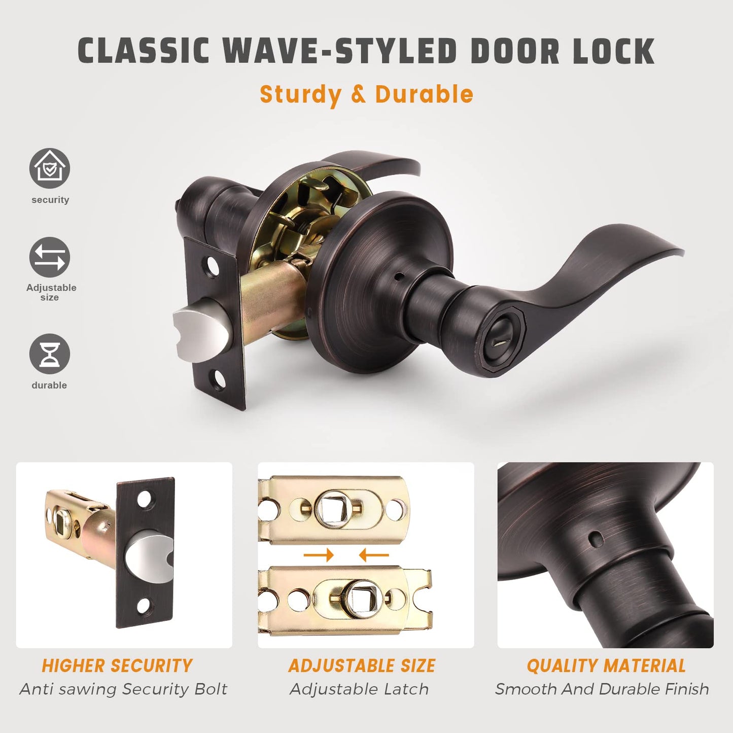 KNOBWELL 10 Pack Oil Rubbed Bronze Door Handle, Privacy Door Lever Bed and Bath Door Knobs, Wave Style Brushed Bronze Door Handles with Lock