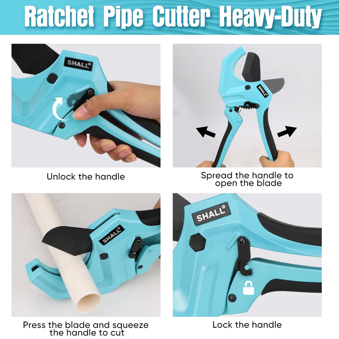 SHALL PVC Pipe Cutter up to 2-1/2”, Heavy-Duty Aluminum Ratchet Cutter for PVC, PPR, PE, PEX & Plastic Plumbing Pipes, SK5 Blade