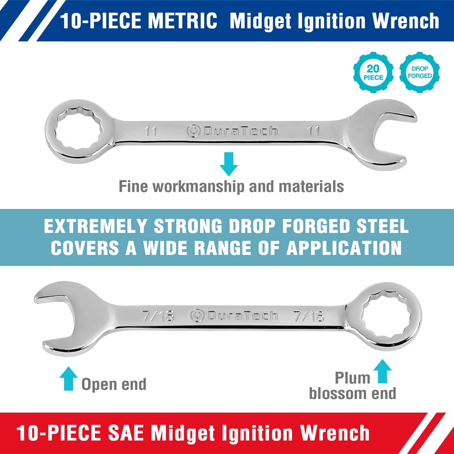 DURATECH Mini Wrench Set, Midget Combination Wrench Set, 20-Piece, Metric & SAE, 4-11mm & 5/32" - 7/16", Lightweight, with Rolling Pouch