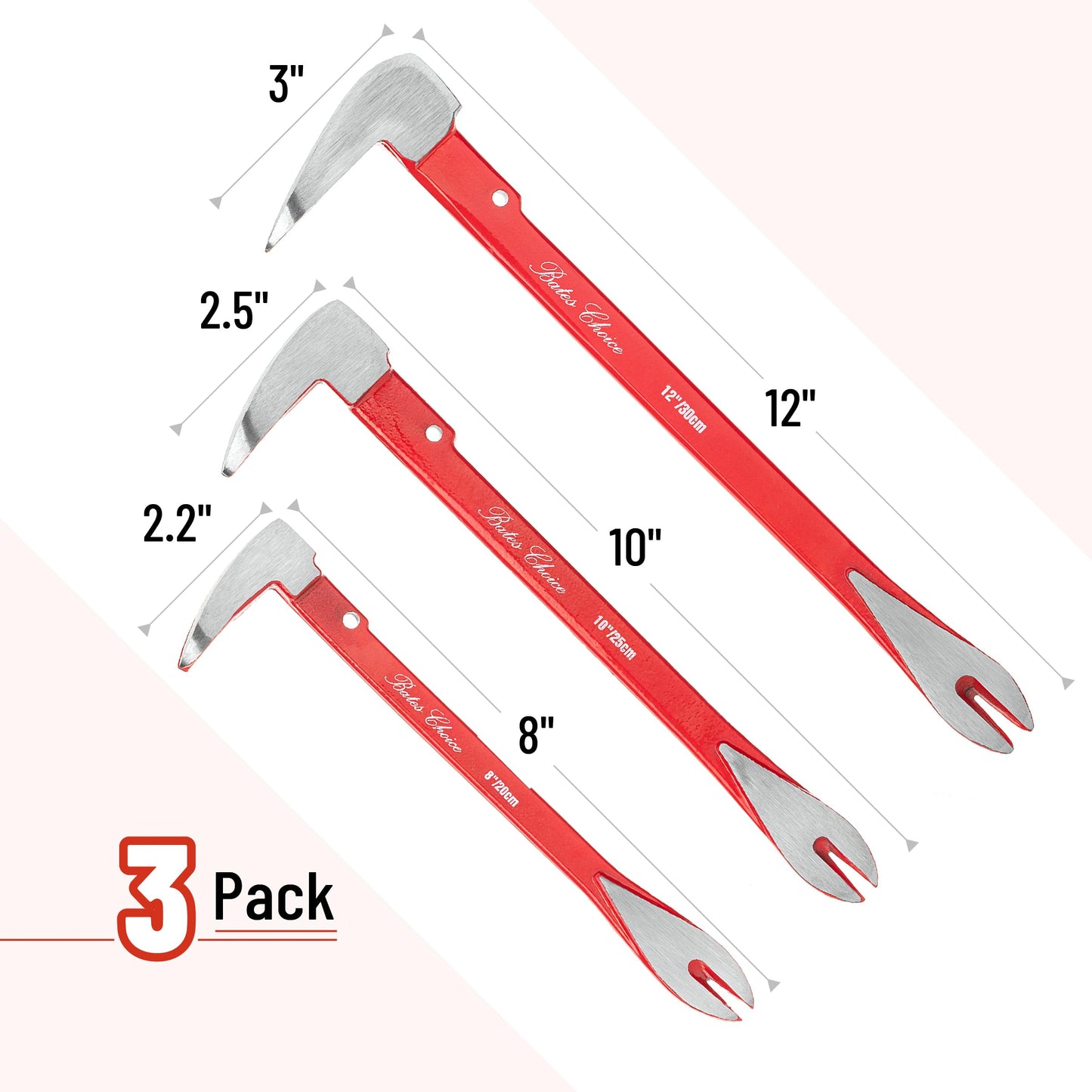 Bates- Pry Bar Nail Puller Set, 3 Pack, 8"/10"/12", Nail Puller Tool, Small Pry Bar