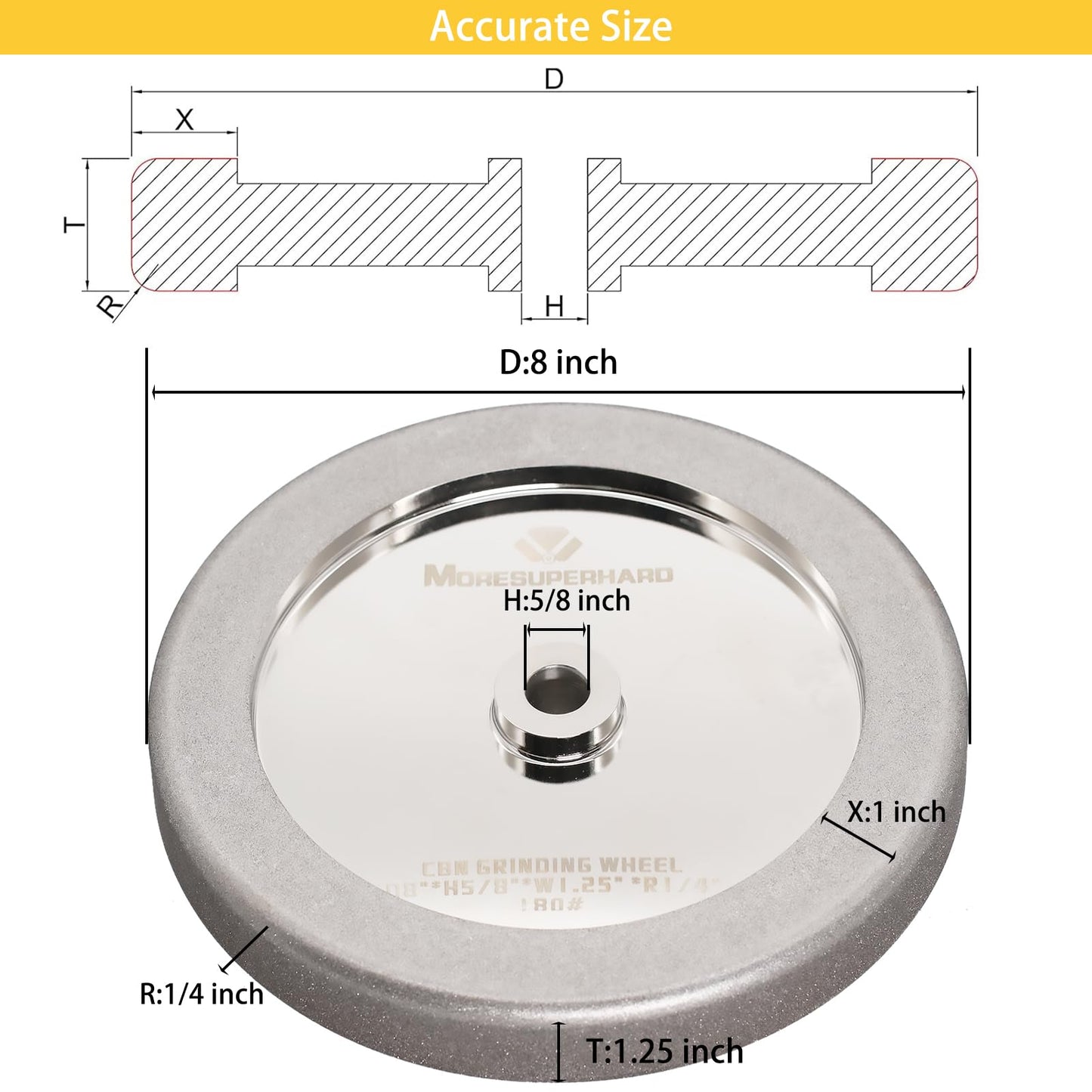 MORESUPERHARD 4 in 1 CBN Grinding Wheel 8 inch 180 Grit,1.25" Wide,5/8" Arbor for Sharpening High Speed Steel Tools Woodturning Tools(180 Grit)