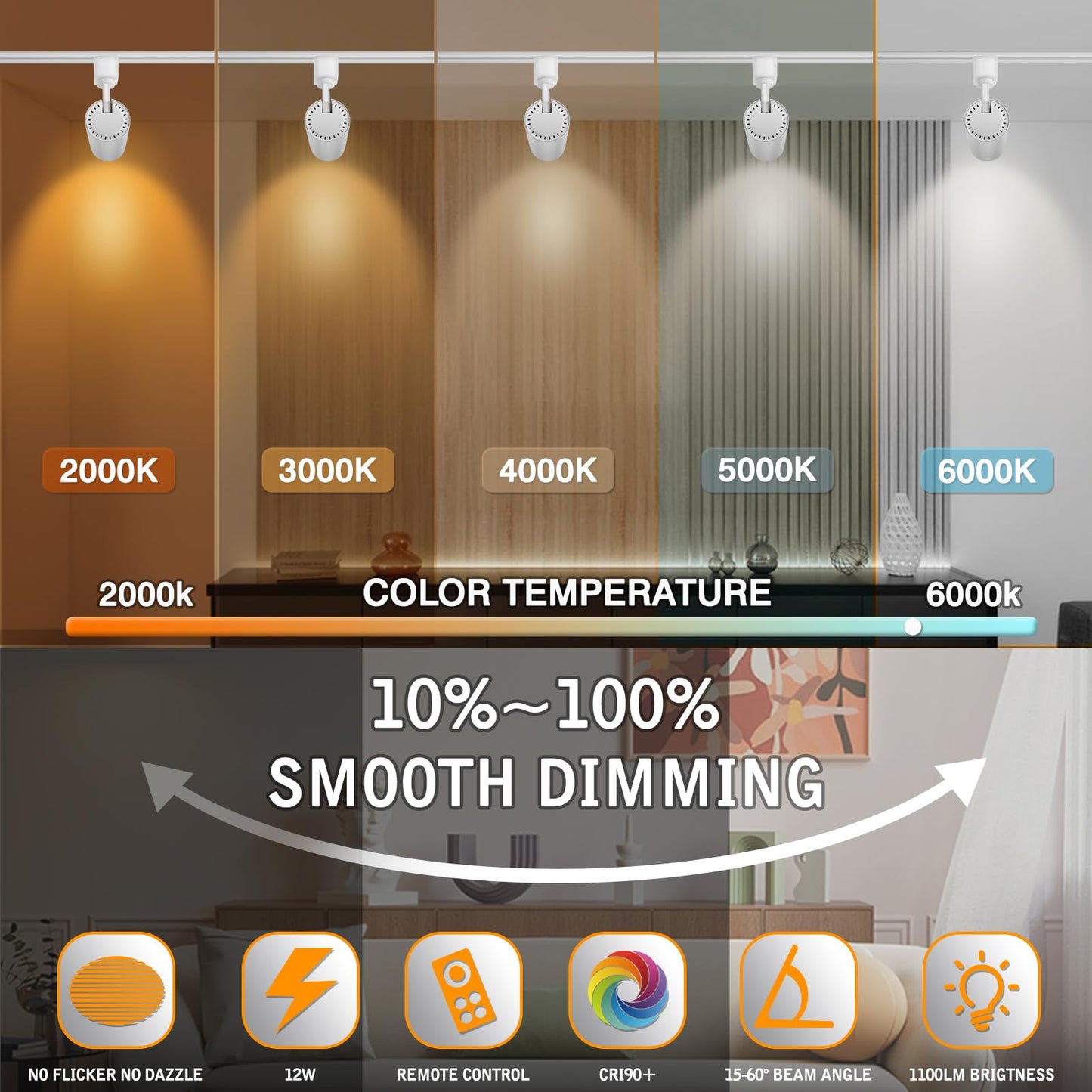 2025 Upgraded 12W LED Track Light Heads, 9-CCT Dimmable Zoomable Spotlight, 15°–60°, 1200lm, Remote Control, White, 12 Pack