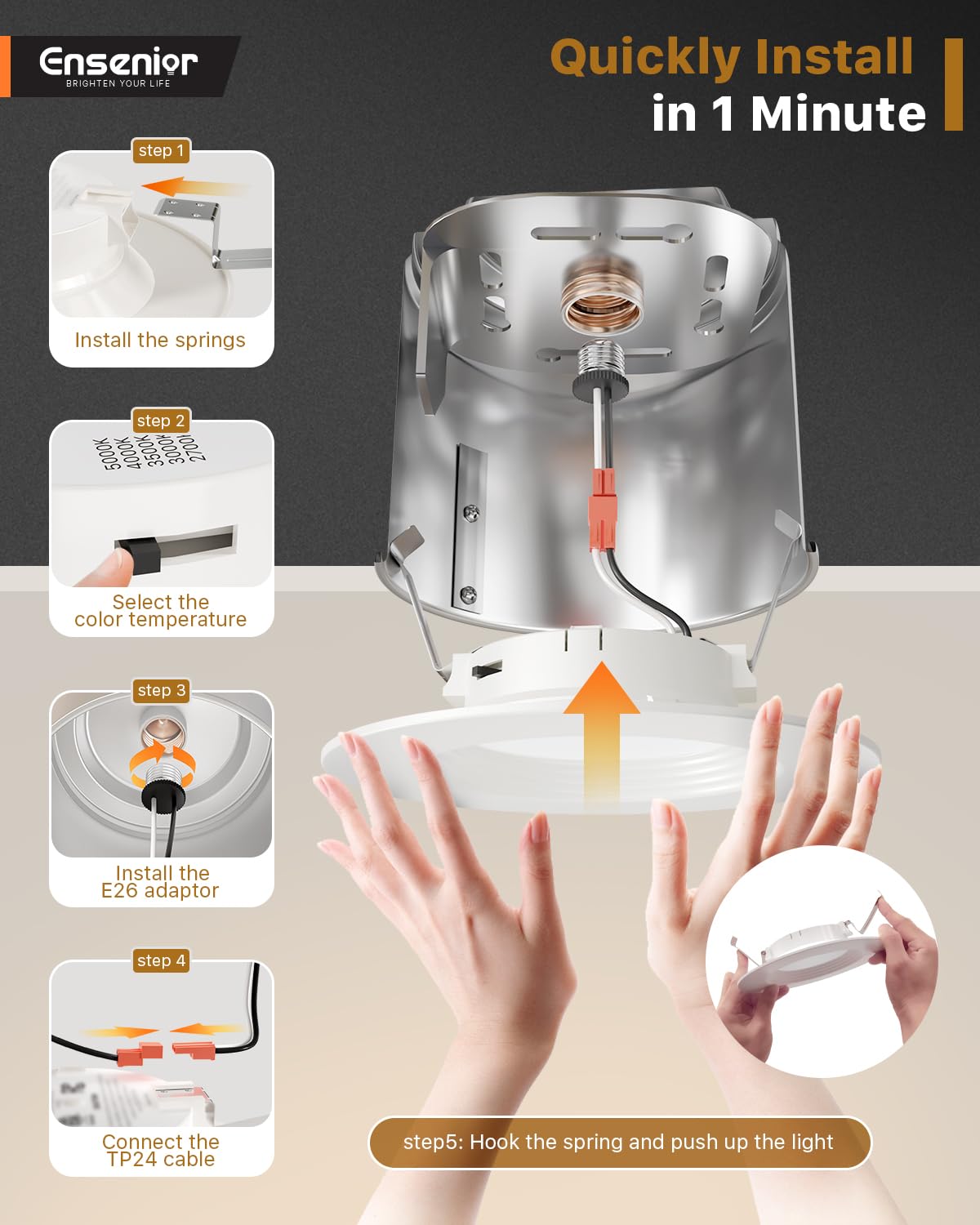 Ensenior 5/6" 5CCT LED Can Lights 12 Pack, Dimmable Retrofit Recessed Lighting, Baffle Trim, 9W=110W, 1000LM, 2700K-5000K, IC Rated