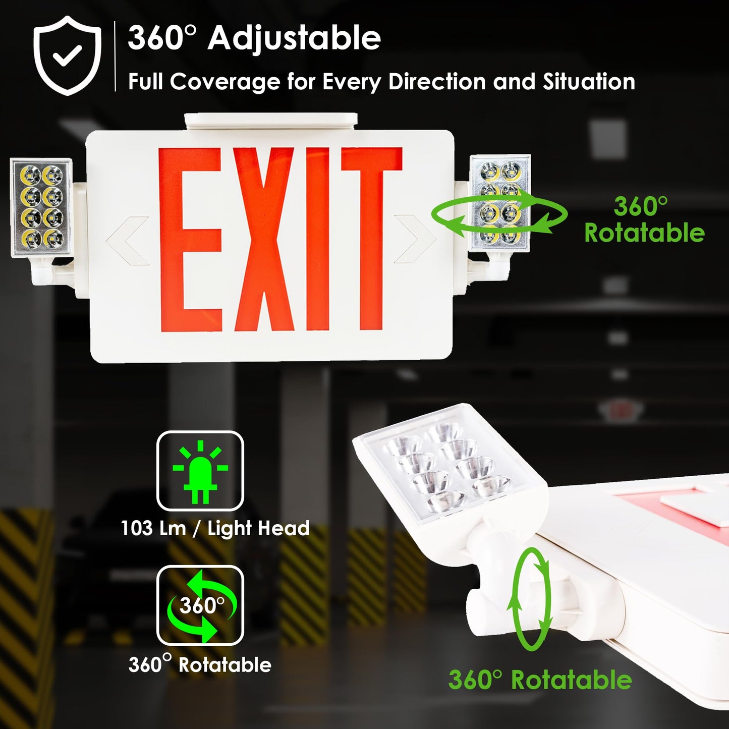Gruenlich 2-Pack LED Combo Exit Sign with Emergency Light, Adjustable Heads, Double Face, Backup Batteries, UL 924, 120-277V, Red US Standard