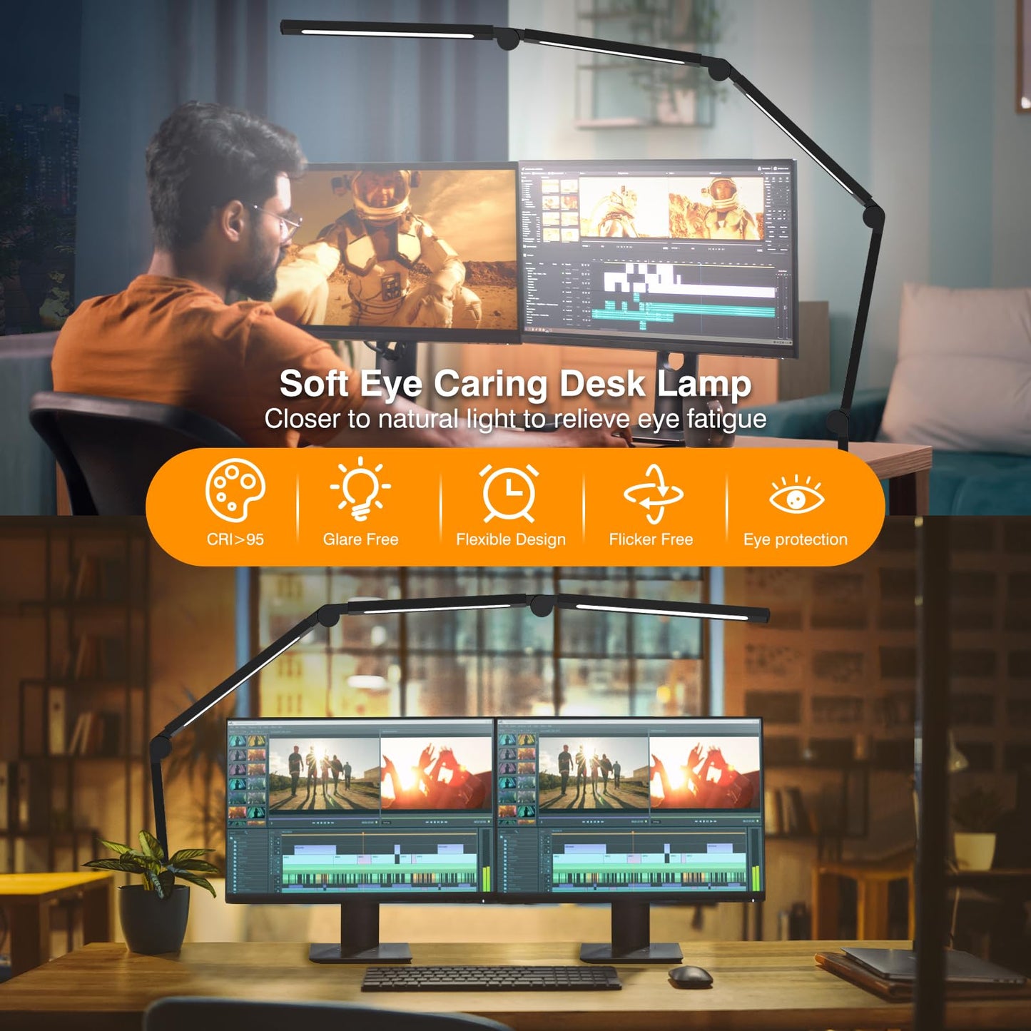 LED Desk Lamp with Clamp, Adjustable Swing Arm, Dimmable Eye-Care Task Light, Flexible Tall Modern Desk Lamp for Home Office, Nail Tech & Architect