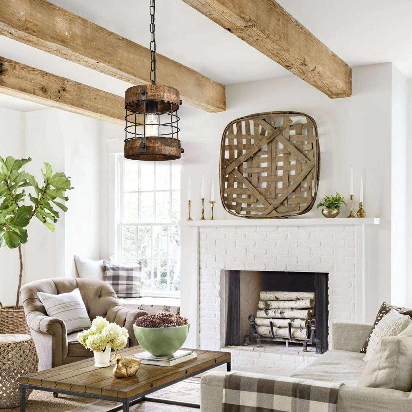 wochos Retro Industrial 1-Light Metal & Wood Cage Pendant Light, Round Chandelier for Kitchen, Dining, Foyer, Hallway, Bar (Brown)