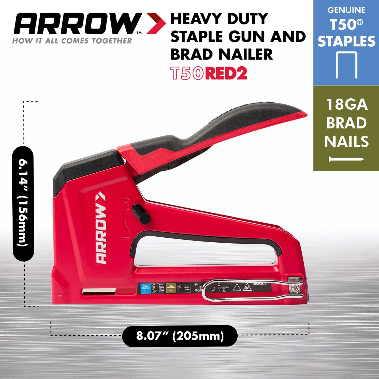 Arrow T50RED2 Heavy Duty Manual 2-in-1 Staple Gun and Brad Nailer for Upholstery, Framing, Insulation, Crafts, and Furniture, Red