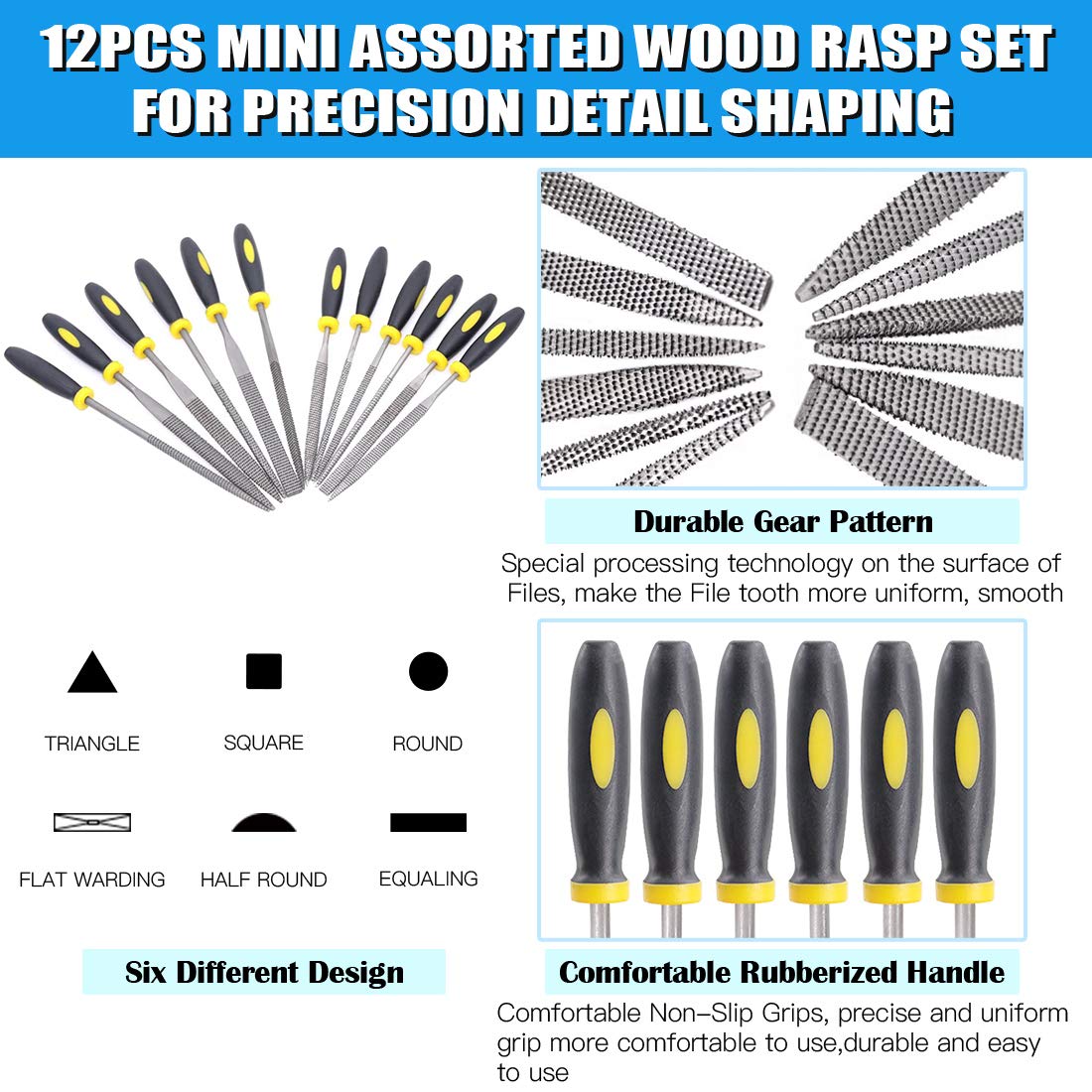 GLARKS 12pcs Mini Assorted Wood Rasp Set Include Brush and Storage Box with 4pcs Sandpaper for Fixing Jewelers Diamond Wood Carving Craft