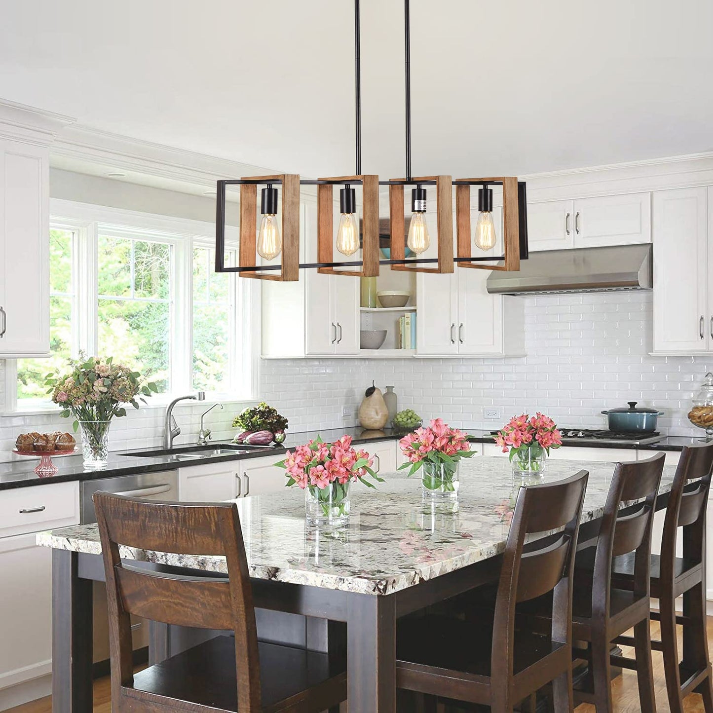 **Farmhouse 4-Light Rectangular Pendant Chandelier, Wood & Black Metal Kitchen Island Dining Room Light, 35.4"**