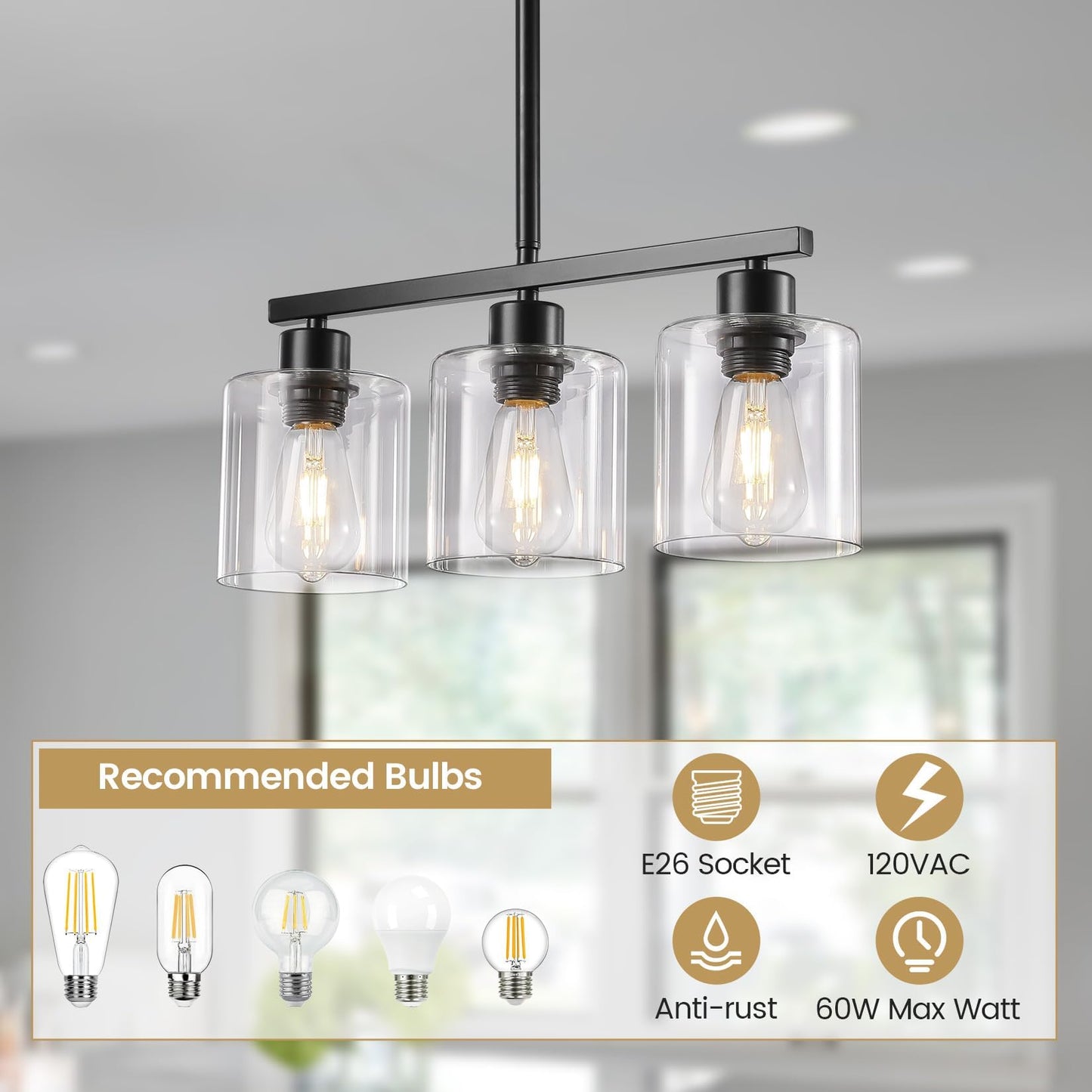ROCUNSI 3-Light Kitchen Island Pendant Light, Black Farmhouse Hanging Fixture with Clear Glass Shades, E26 Base (Bulbs Not Included)