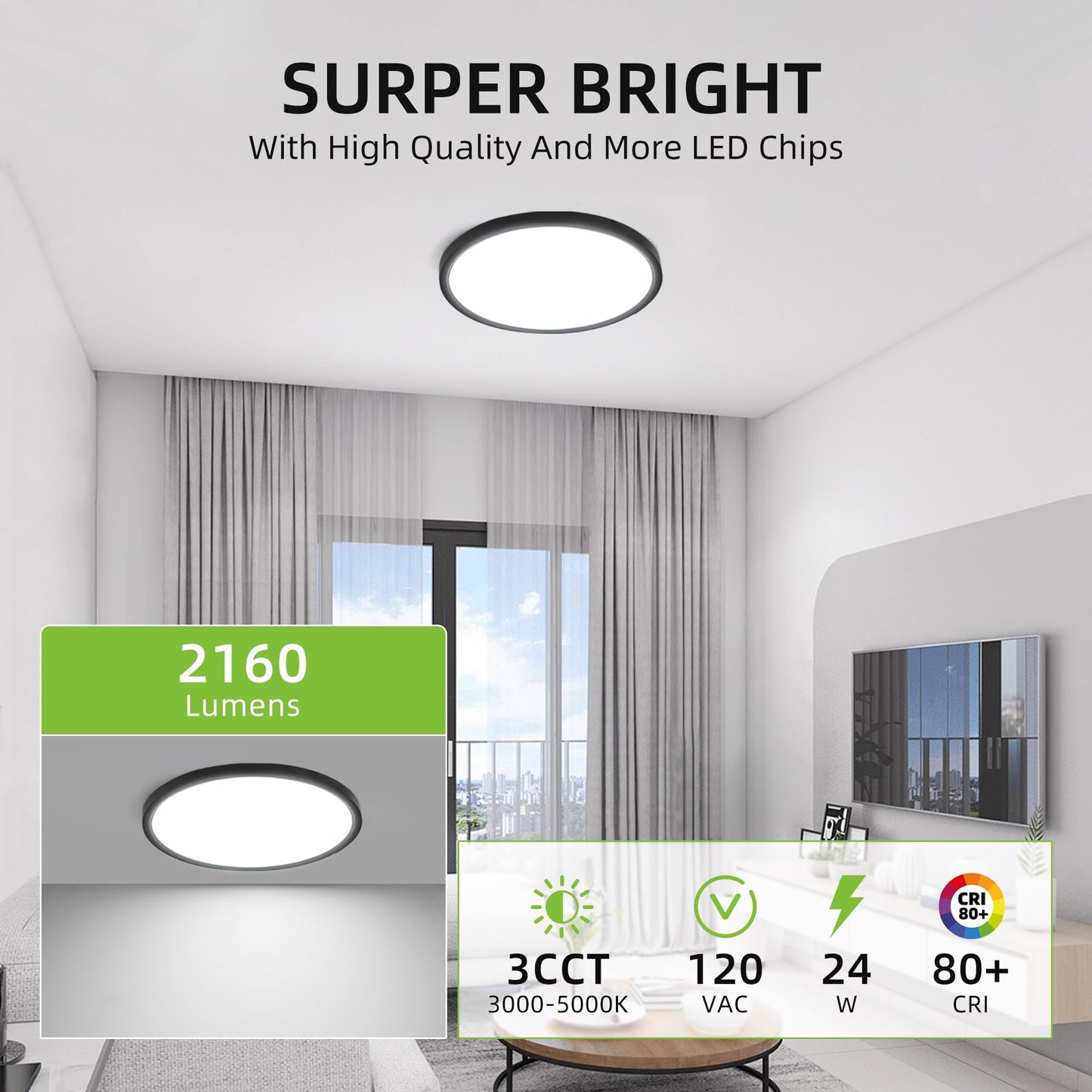 hykolity 2-Pack 12" LED Round Flat Panel Light, 24W, Selectable 3000K/4000K/5000K, Edge-Lit Flush Mount, Black