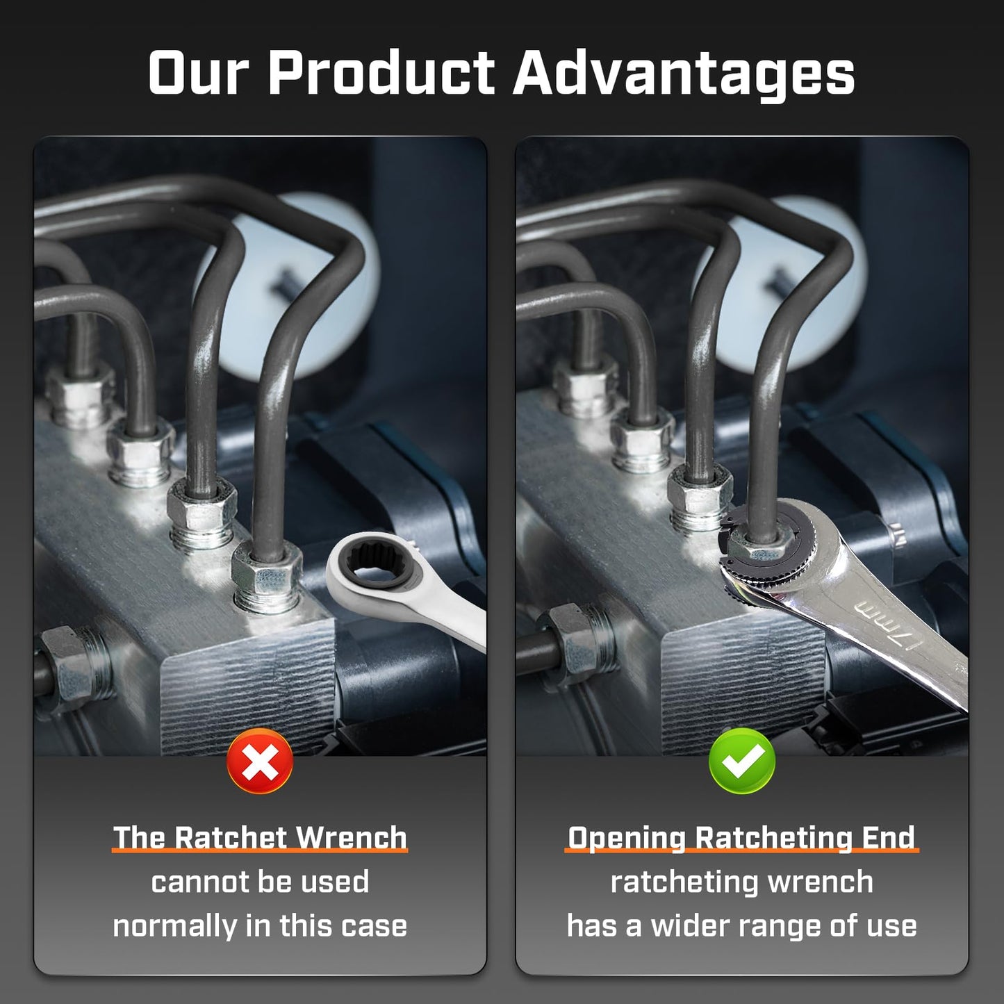 ironcube Brake Line Wrench Set: Metric 10-17mm - Ratcheting Open-end for Nuts on Fuel, Brake or Air Conditioning Lines