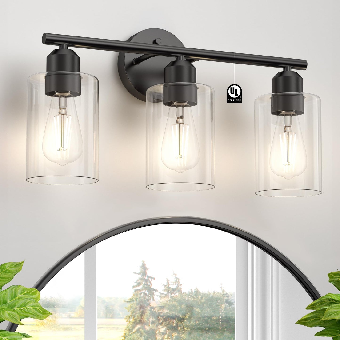 Espird Matte Black 3-Light Bathroom Vanity Fixture, Modern Over-Mirror Wall Sconce with Glass Shades, UL Certified