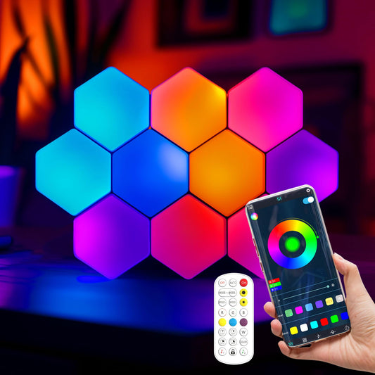 SLARY 10PCS RGB Hexagon LED Wall Light Panels, Smart Modular Honeycomb Gaming Lights with App Control, Music Sync, DIY Indoor Decor