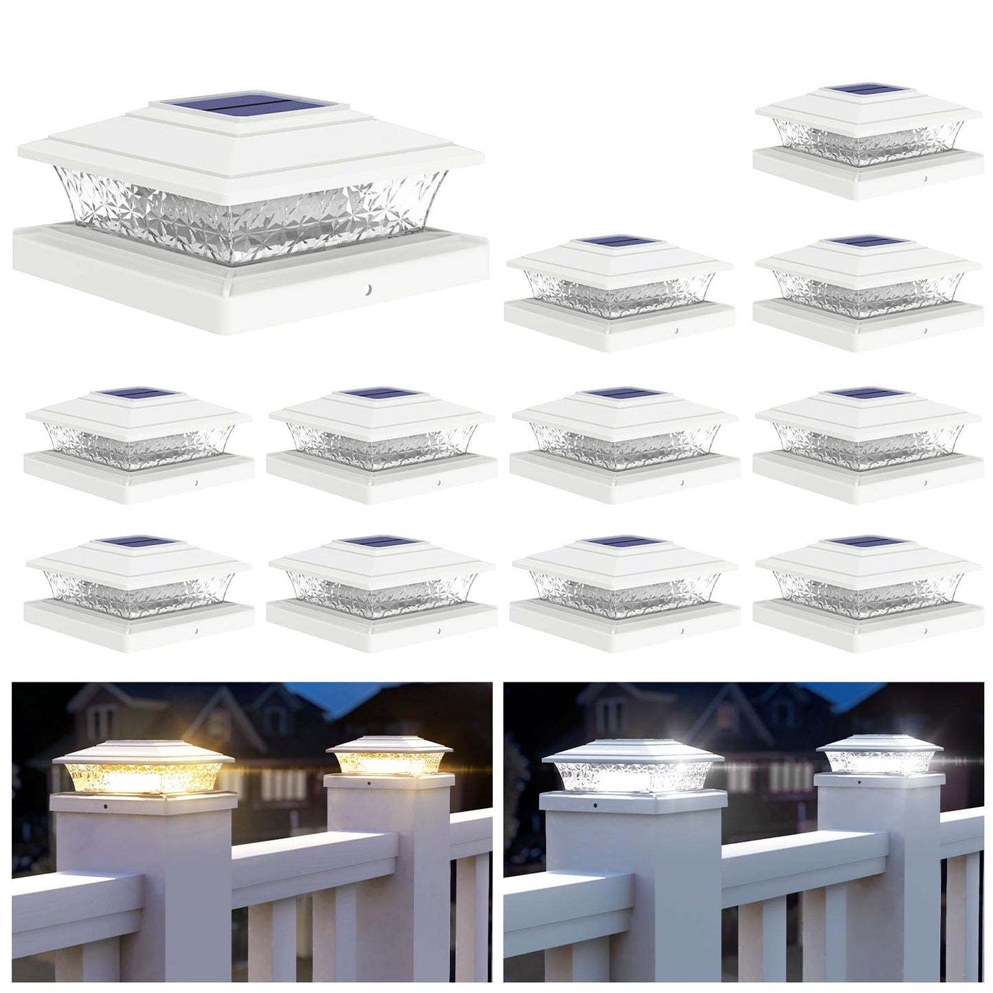 APONUO 12-Pack Solar Post Cap Lights, 16 LED, 2 Modes, Waterproof, for 4x4-6x6 Vinyl/Wood Deck, Fence, Porch (White)