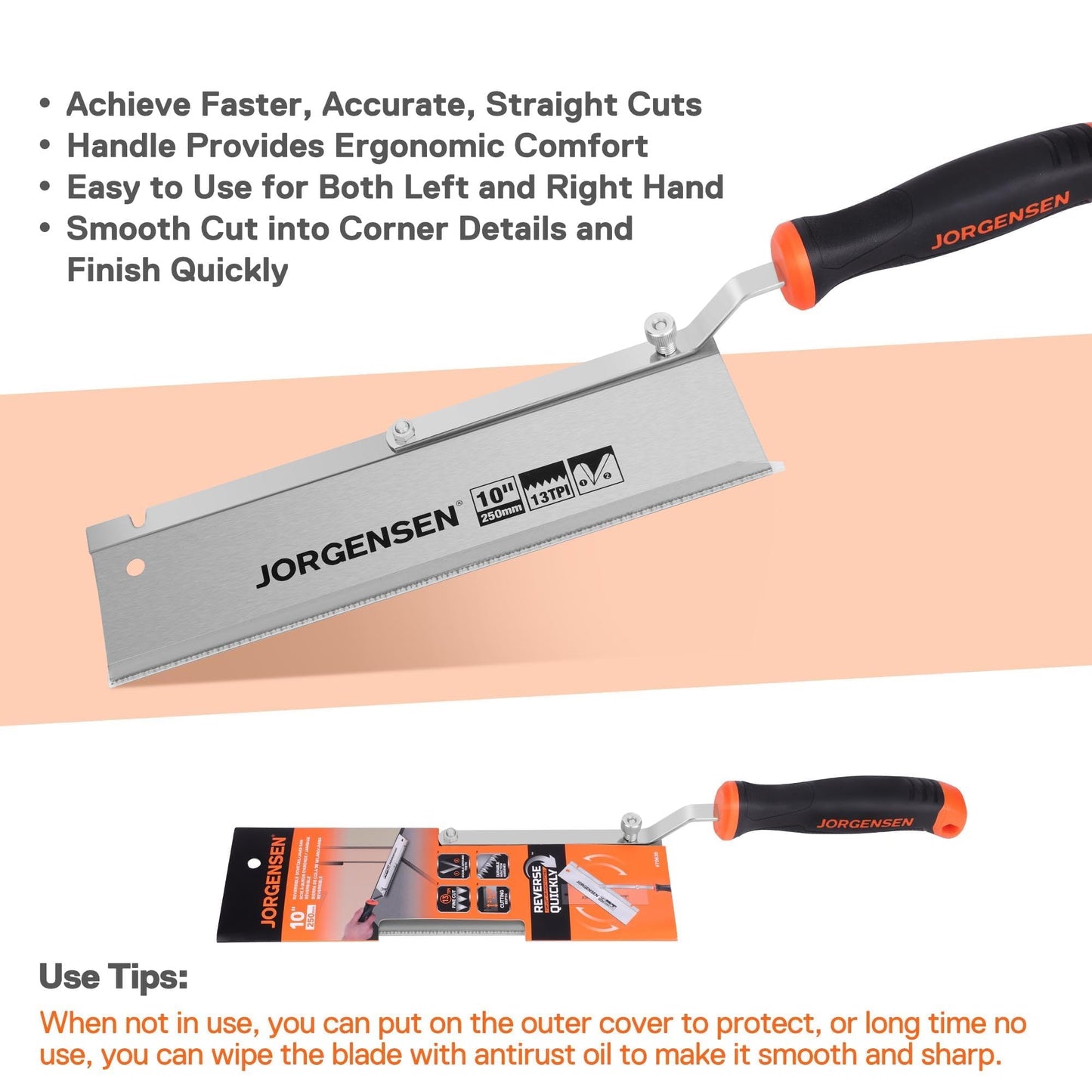 JORGENSEN 10" Dovetail Reversible Jamb Saw, 13TPI Double Ground Teeth, Flush Cut, Spring-Loaded, Cranked Soft Handle for Doors & Tiles