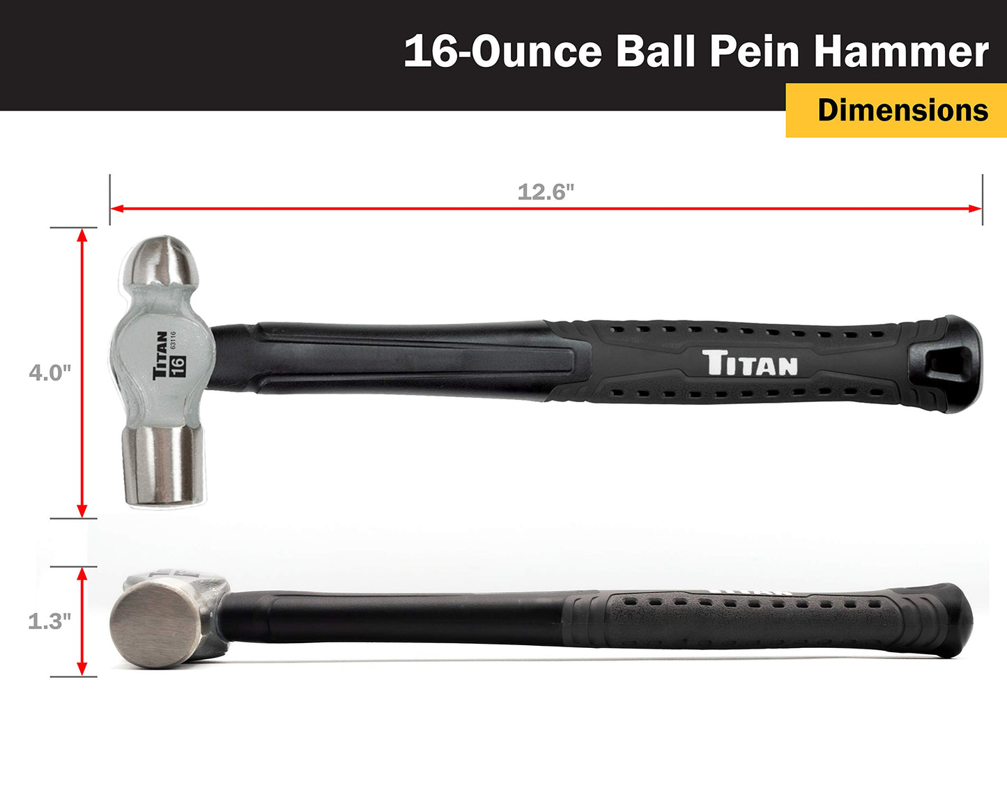 Titan 63302 2-Piece Ball Pein Hammer Set, Includes 8oz & 16oz Ball Peen, Forged Steel Heads, Shock Absorbing Fiberglass Handles & Textured Grips