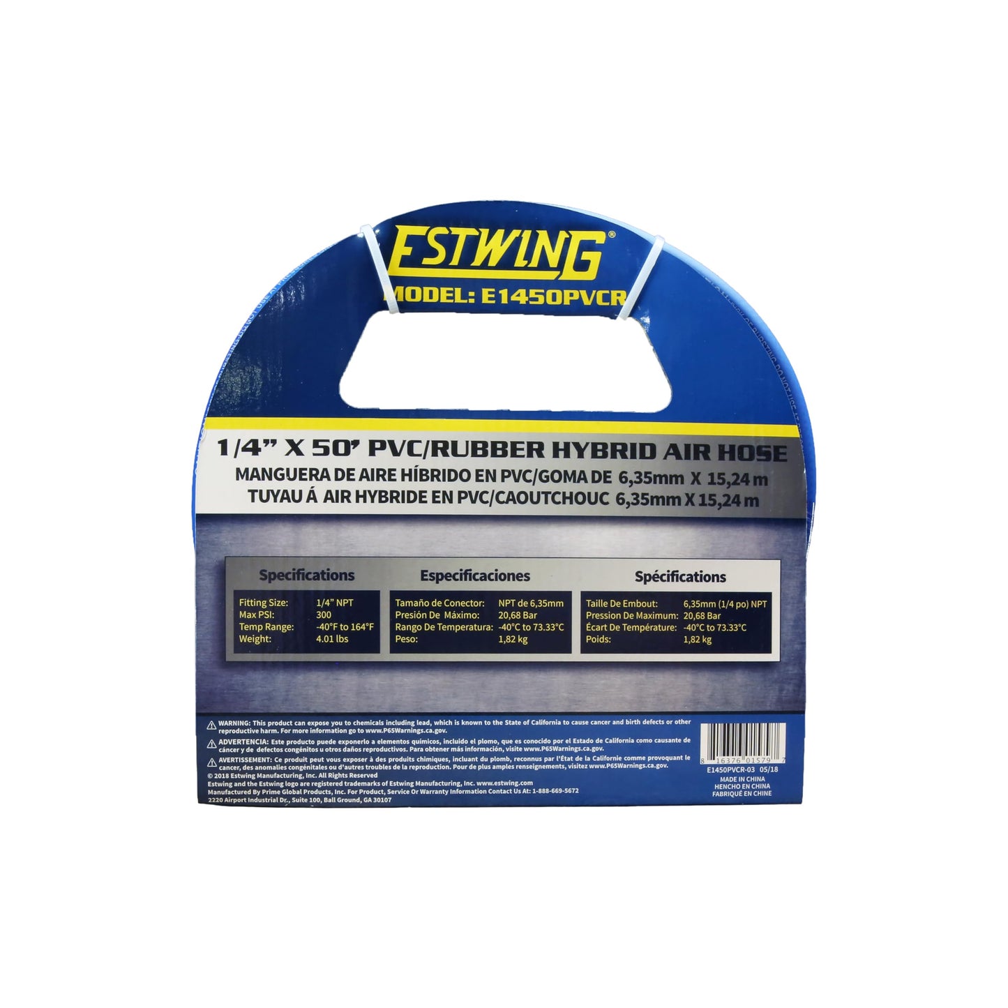 Estwing E1450PVCR 1/4" x 50' PVC / Rubber Hybrid Air Hose with Brass 1/4" NPT Industrial Fitting and Universal Quick Connect Coupler