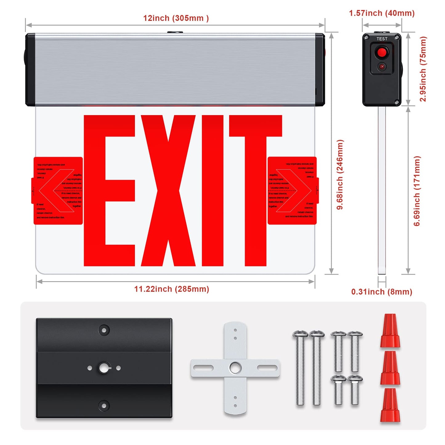 Red LED Exit Sign, UL Listed, Brushed Aluminum, Single-Sided Acrylic, Battery Backup, Hardwired 120-347V, Top/Side/Wall Mount