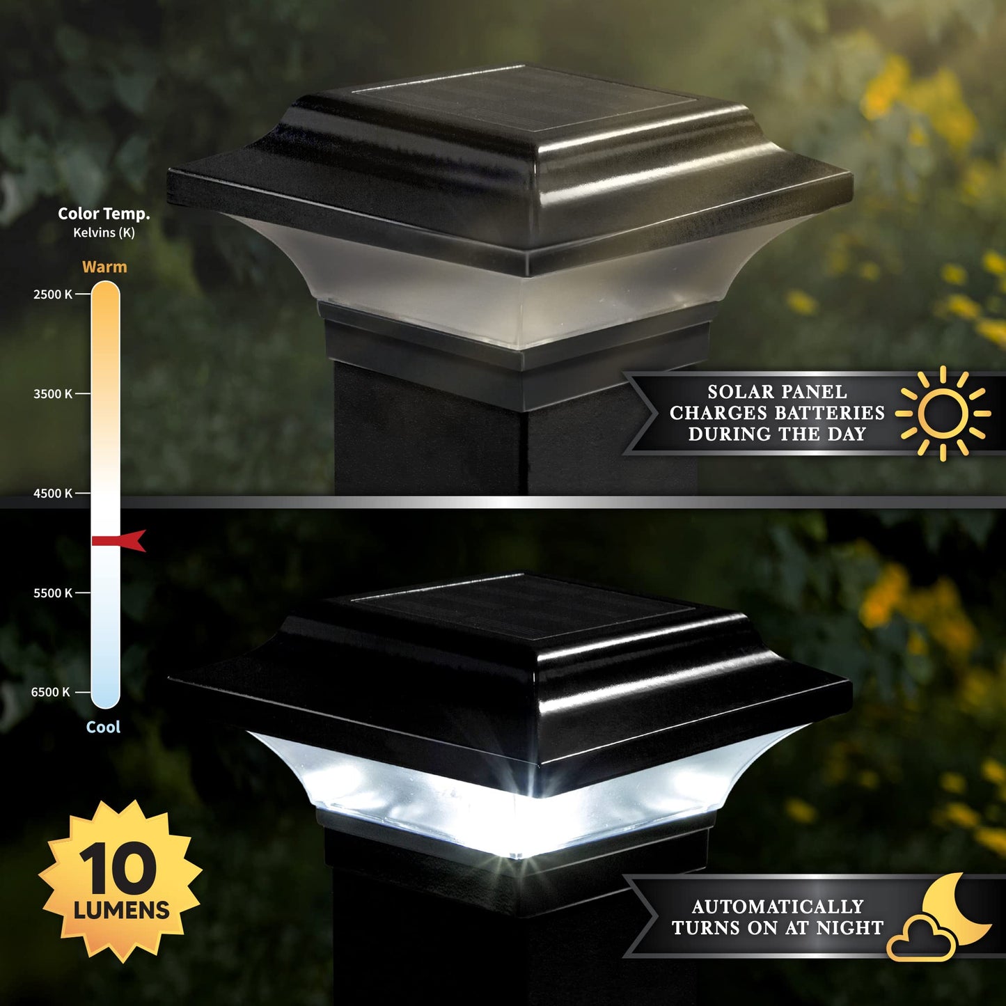 Classy Caps Imperial Solar Post Cap Black SLO82B – Fits 2"-2.5" Posts, LED Solar Light, Cast Aluminum, Warm & Cool Modes