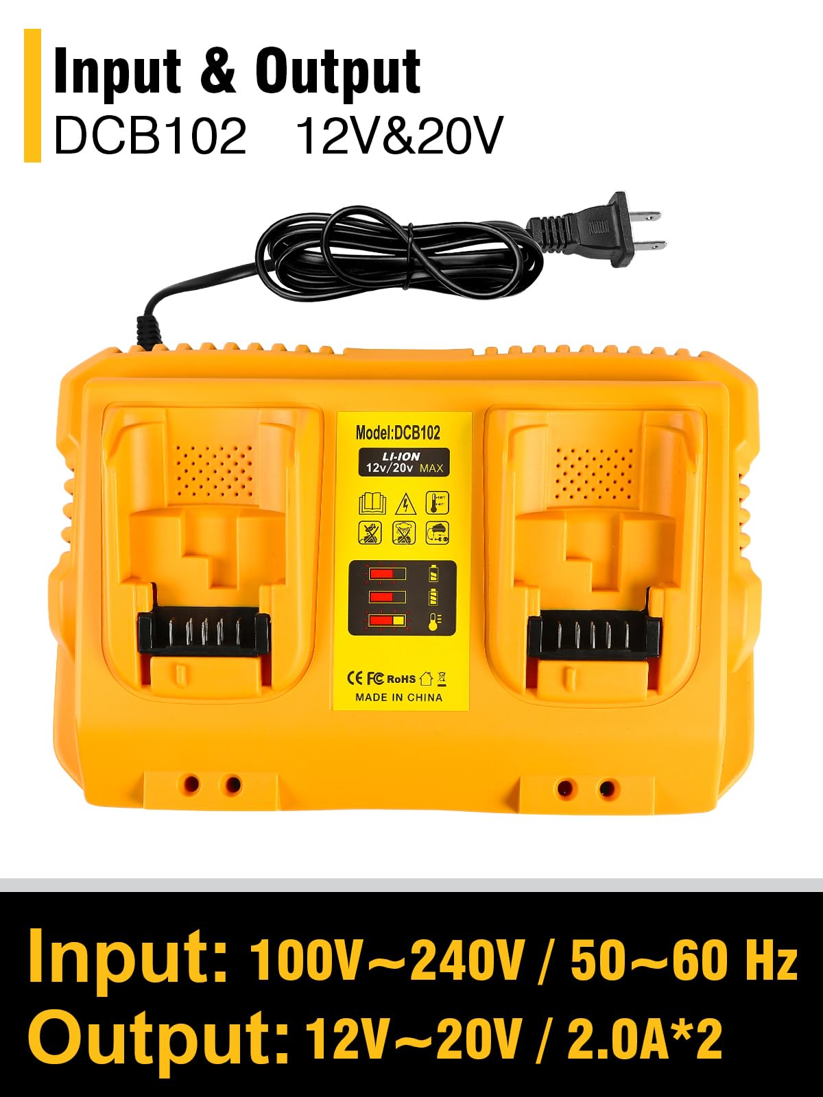DCB102 20V MAX Battery Charger Replacement for Dewalt Battery Charger, 2 Port Charger Compatible with Dewalt 12V-20V Batteries