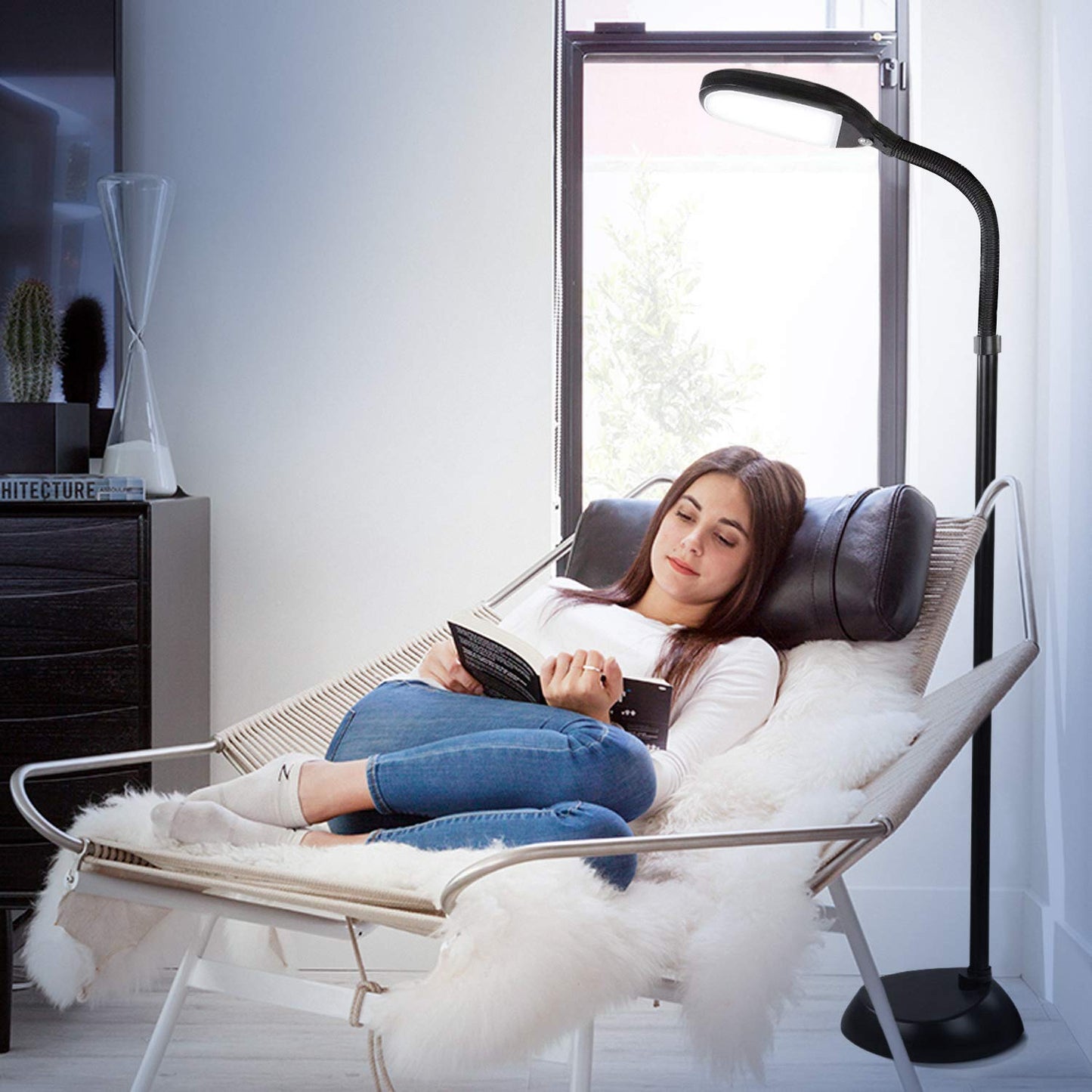 Brightech Litespan LED Floor Lamp - Adjustable Gooseneck Reading & Craft Light, Esthetician Lash Extension Lamp for Home & Office, Black