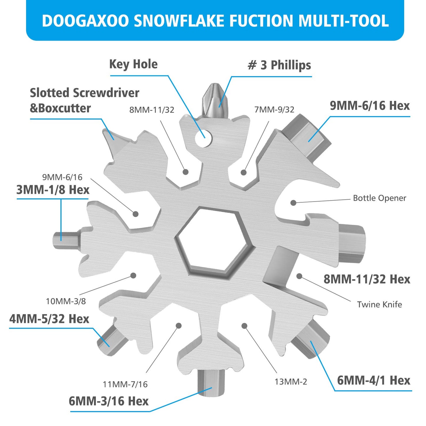 DOOGAXOO 18-in-1 Snowflake Multi-Tool, Stainless Steel Bottle Opener, Wrench & Screwdriver, Portable Outdoor Gadget, Gift for Men