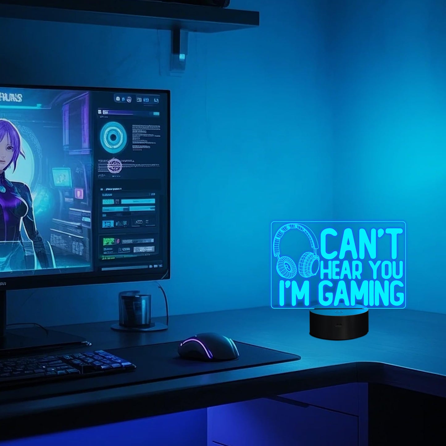 YuanDian “Can’t Hear You I’m Gaming” Night Light, Gamer 3D Illusion Lamp with Headset Design, 16 Color LED, Touch & Remote Control Gift for Men, Teens & Kids