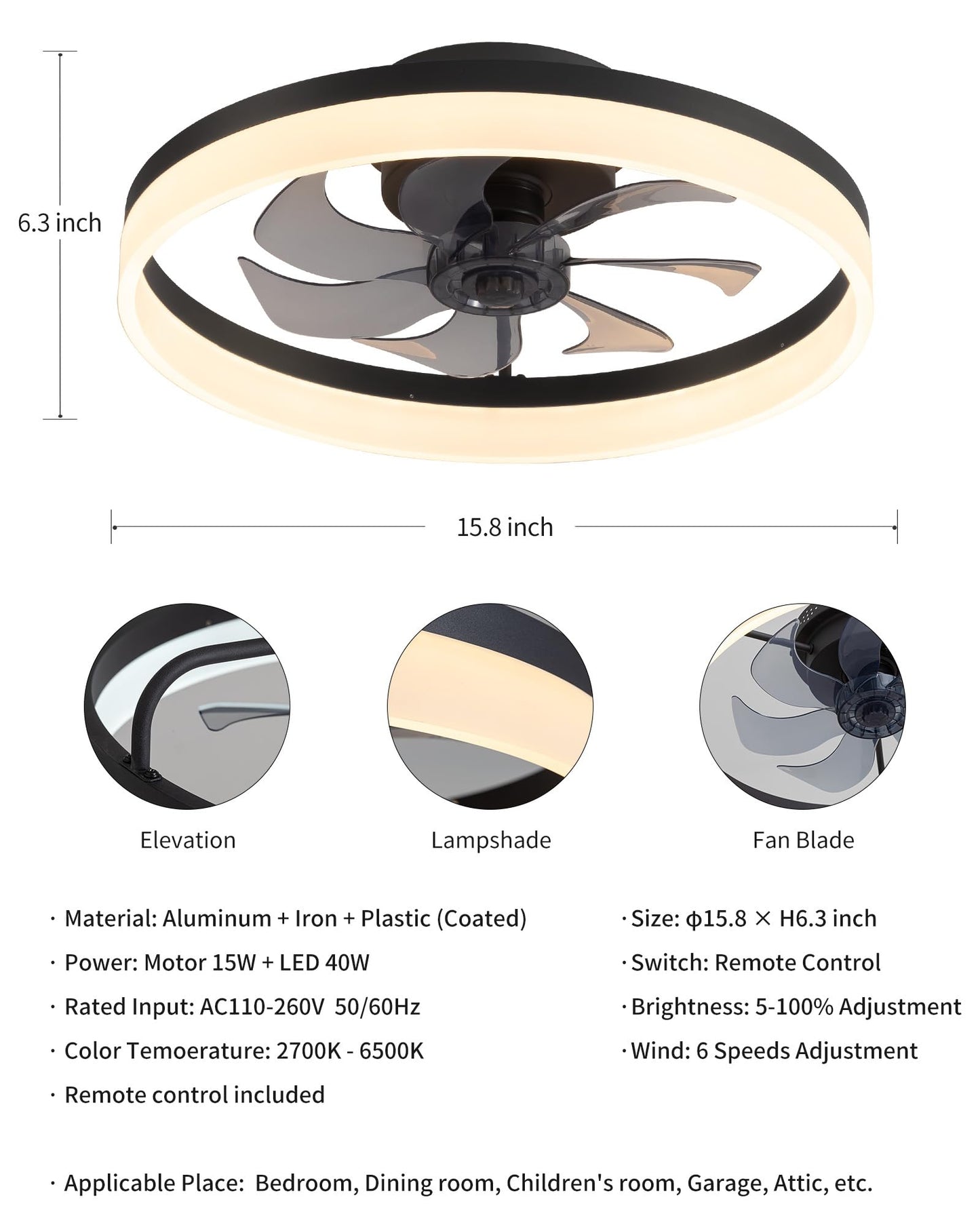 PUSU 15.8" LED Ceiling Fan with Light, Reversible Flush Mount, Remote, 6 Speeds, 3 Dimmable Colors for Bedroom, Kitchen, Garage